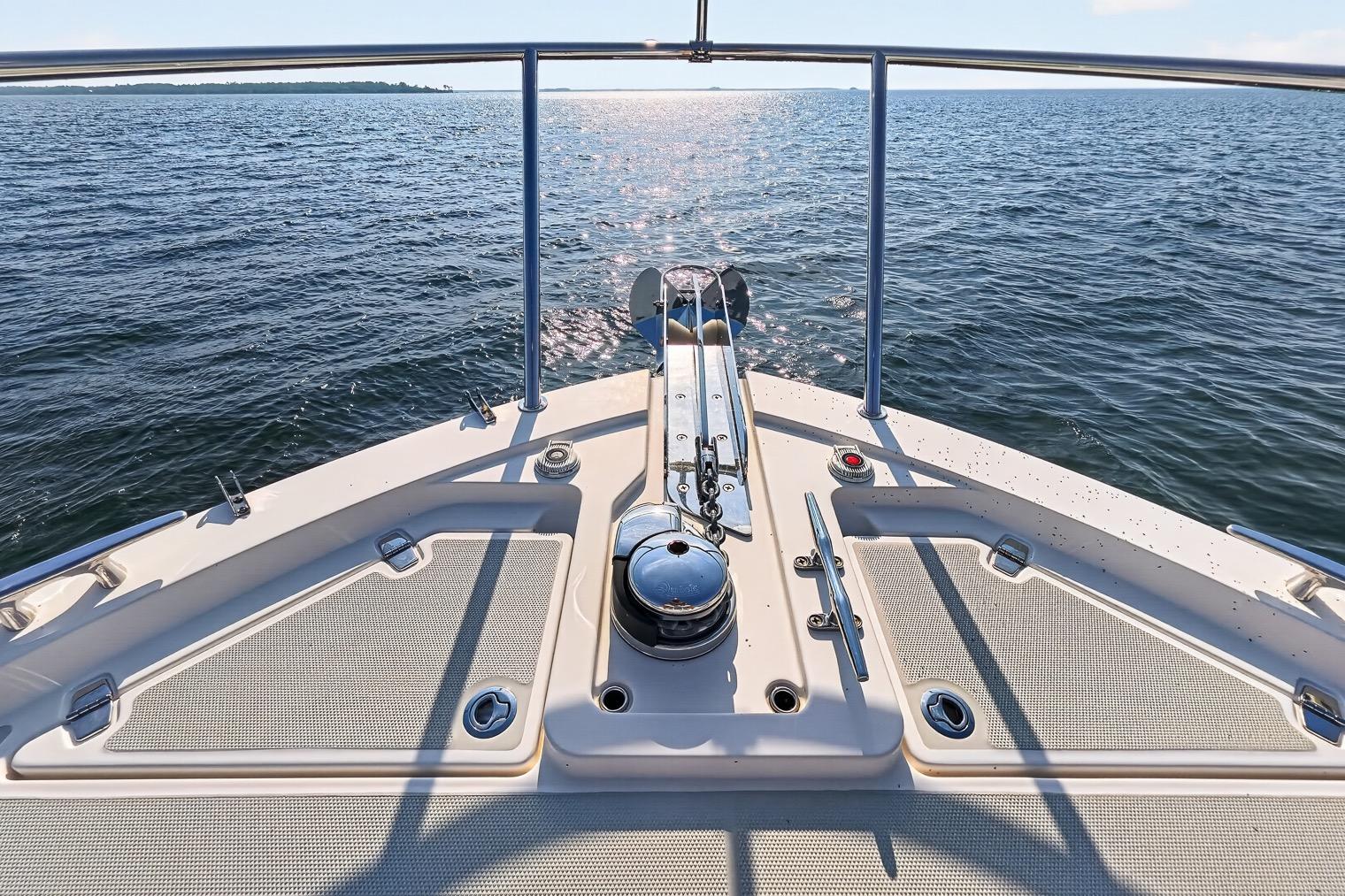 2024 Back Cove 390 Yacht Foredeck with electric Windlass, forward storage compartments