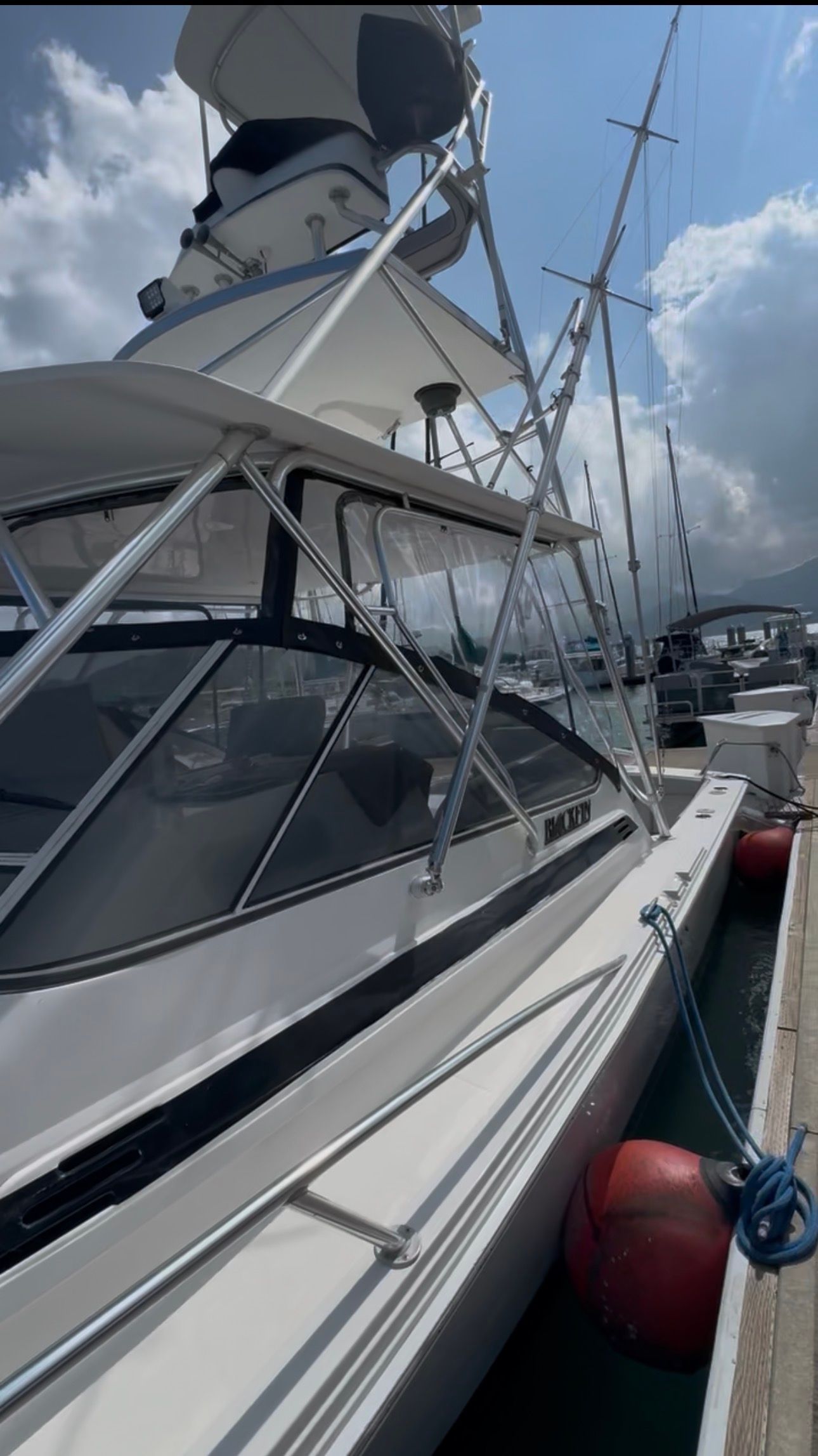 A 2001 Blackfin Combi docked. It features a sturdy design and a flybridge.