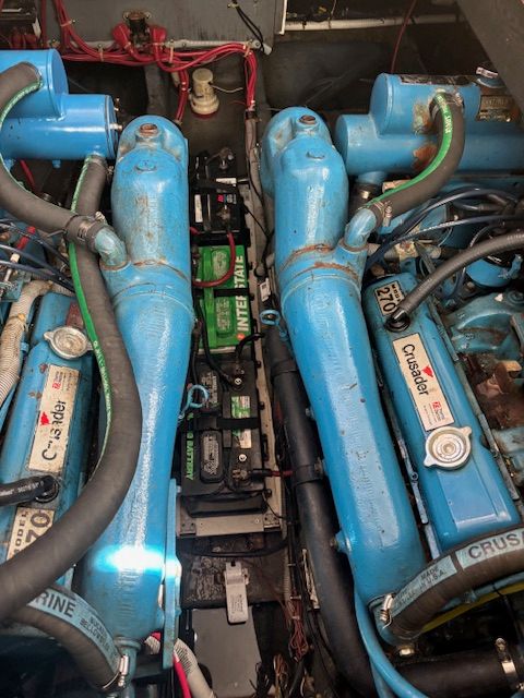 Engine room of a 1986 Sea Ray 360 Aft Cabin boat with Crusader engines.