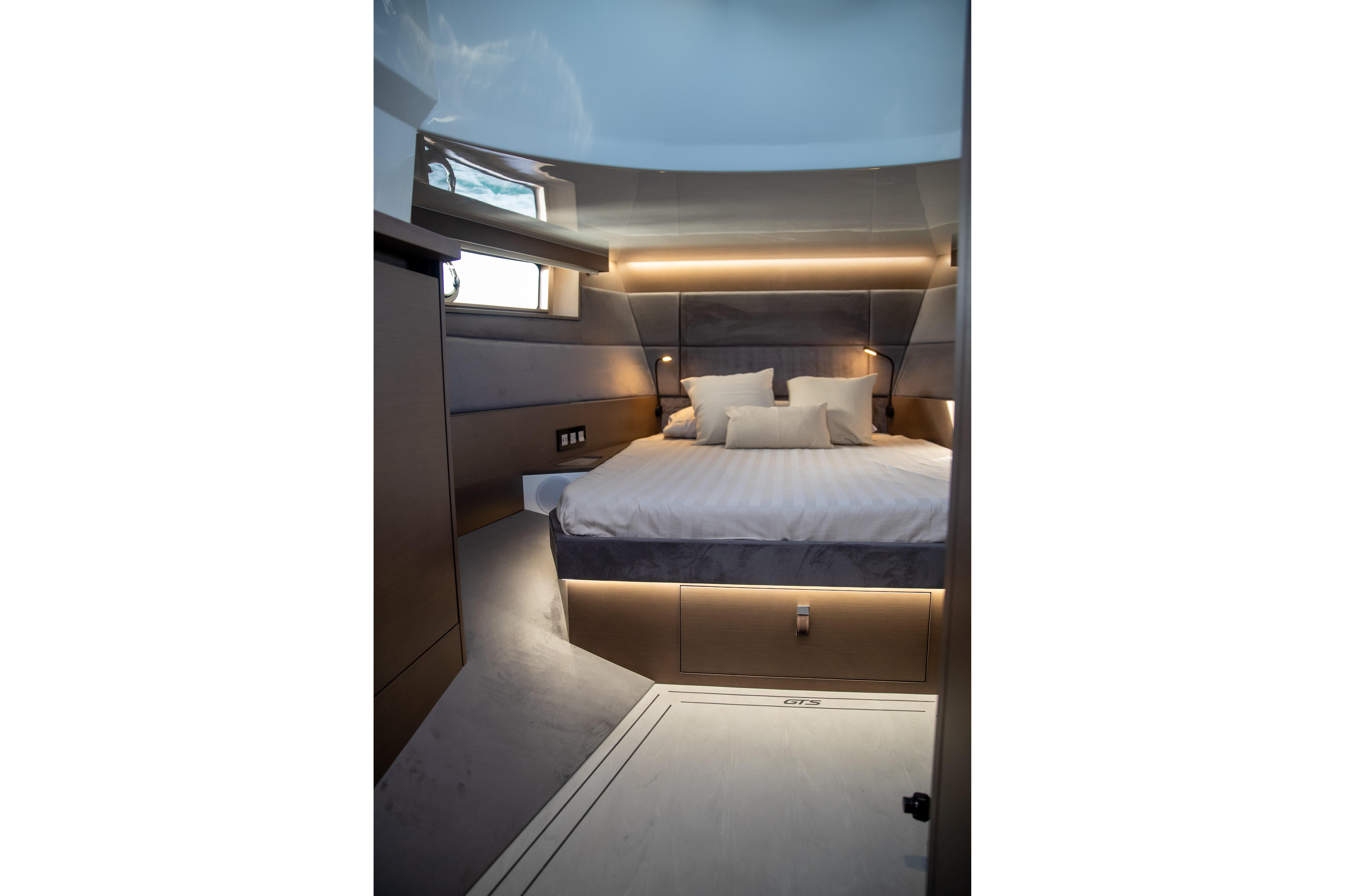 Luxurious bedroom in Tesoro 40 GTS yacht, model year 2026.