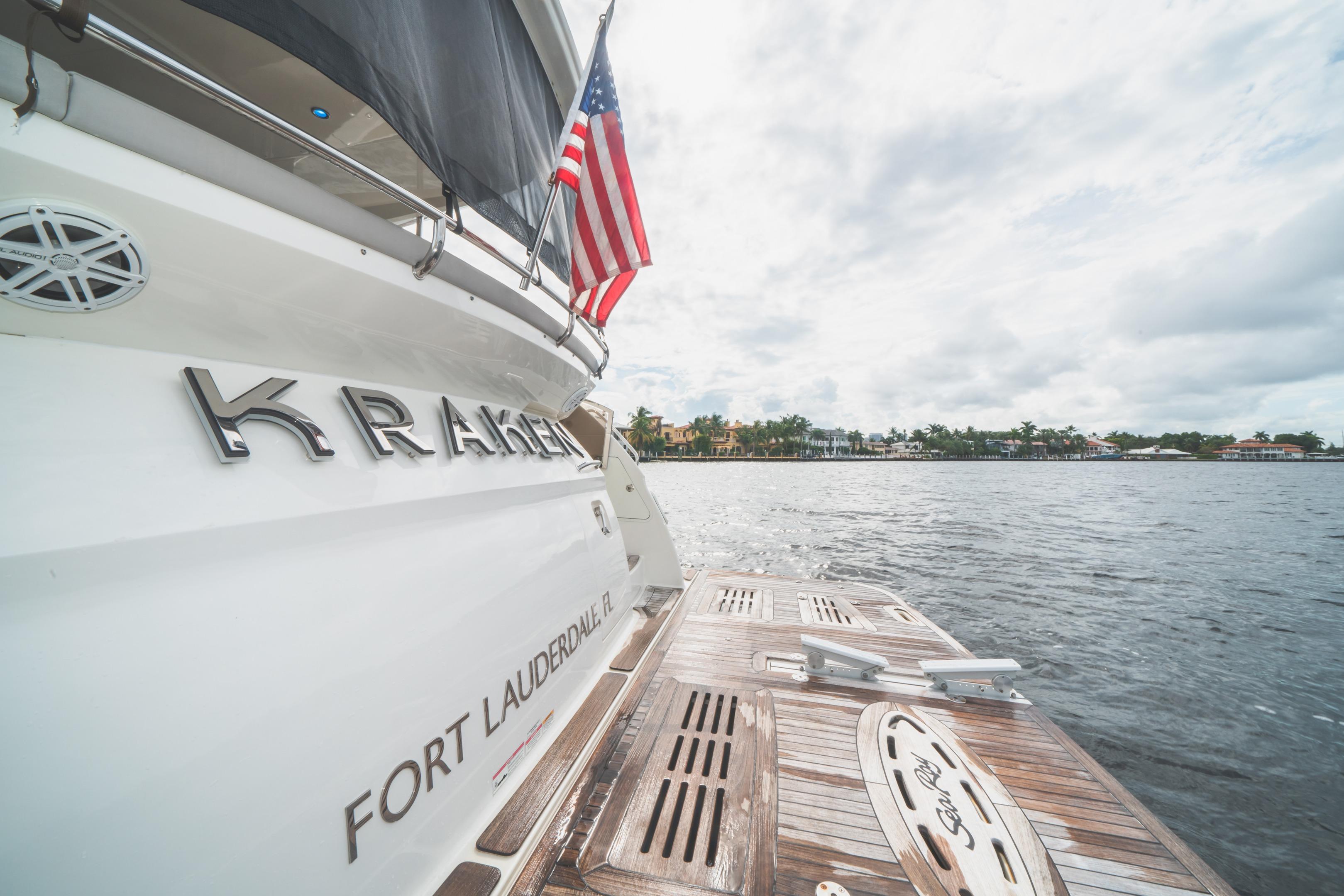 2017 Sea Ray L650 Fly yacht "Kraken" docked in Fort Lauderdale, Florida.