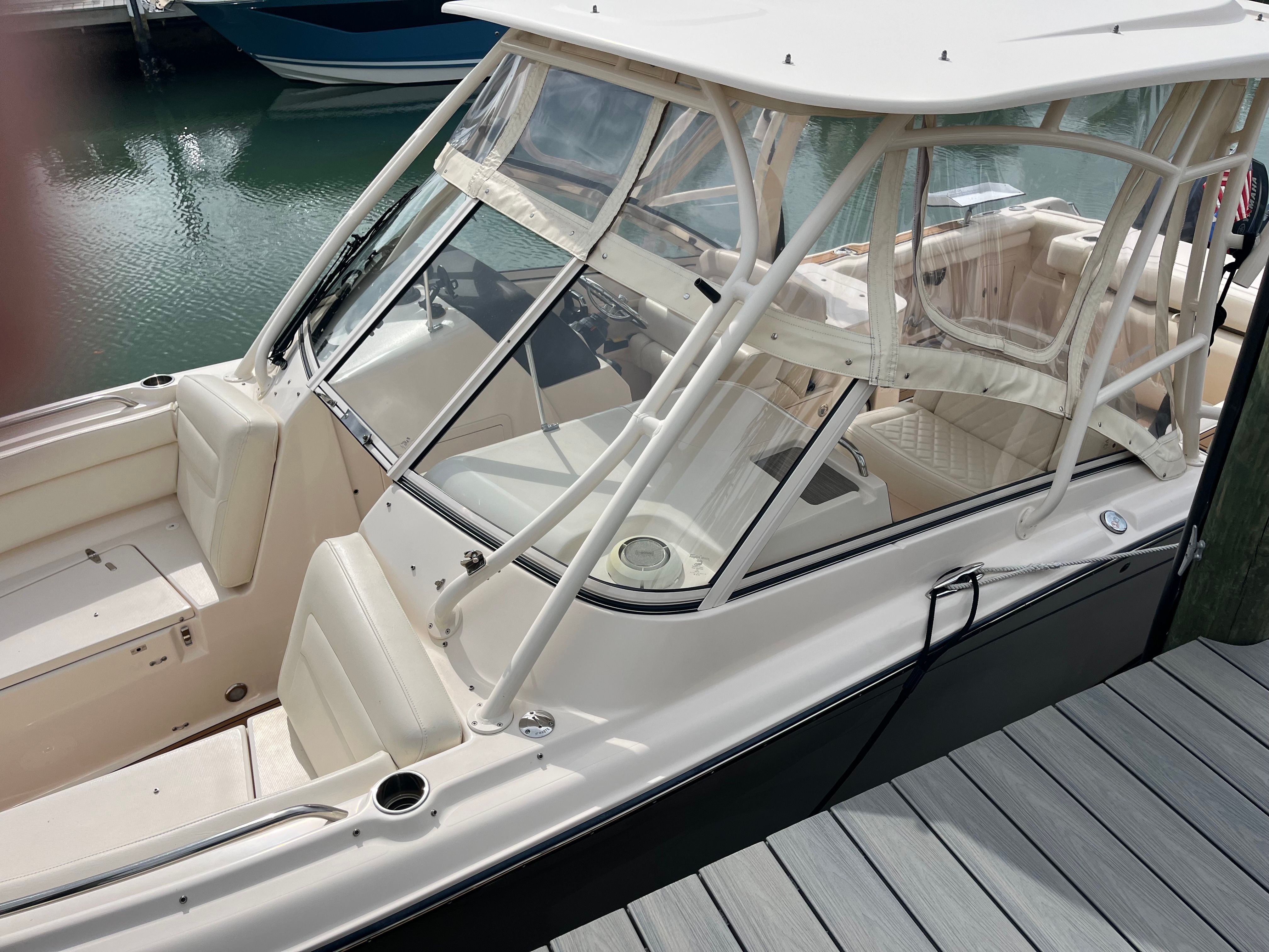 2022 Grady-White Freedom 275 boat at dock, interior view.