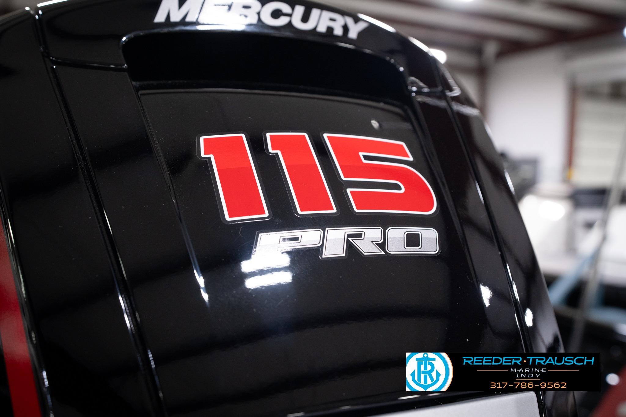 Close-up of Mercury 115 Pro outboard motor on 2026 Lund 1775 Impact XS SS boat.