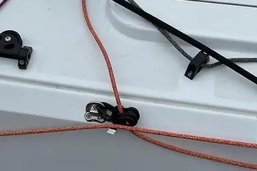 Close-up of Jeanneau Sun Fast 3300 sailboat rigging, showcasing ropes and deck fittings.