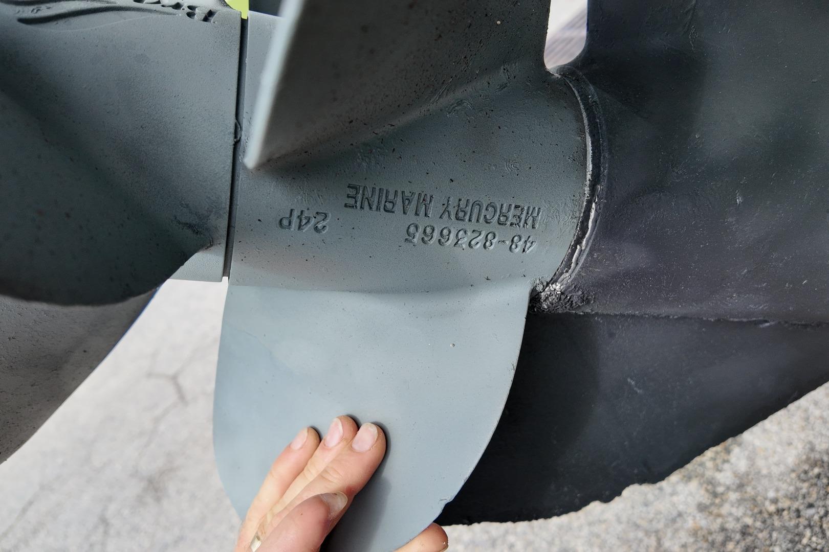 Close-up of a Mercury Marine propeller on a 2007 Formula 330 Sun Sport boat.