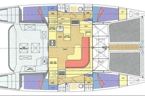 Floor plan of a 1999 Island Spirit 37 catamaran, showcasing interior layout and amenities.