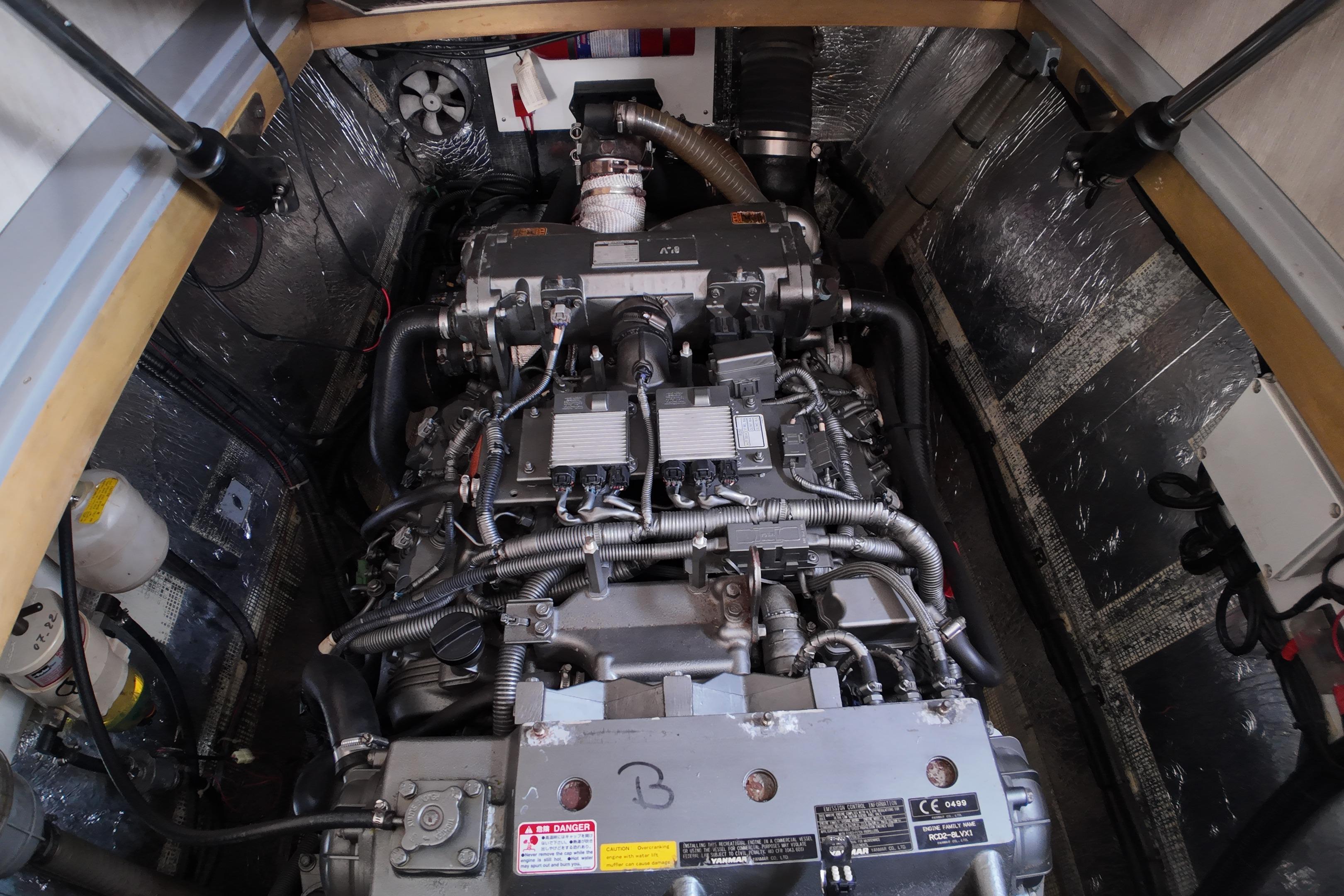 Engine compartment of a 2017 Leopard 51 Powercat, showcasing detailed mechanical components.