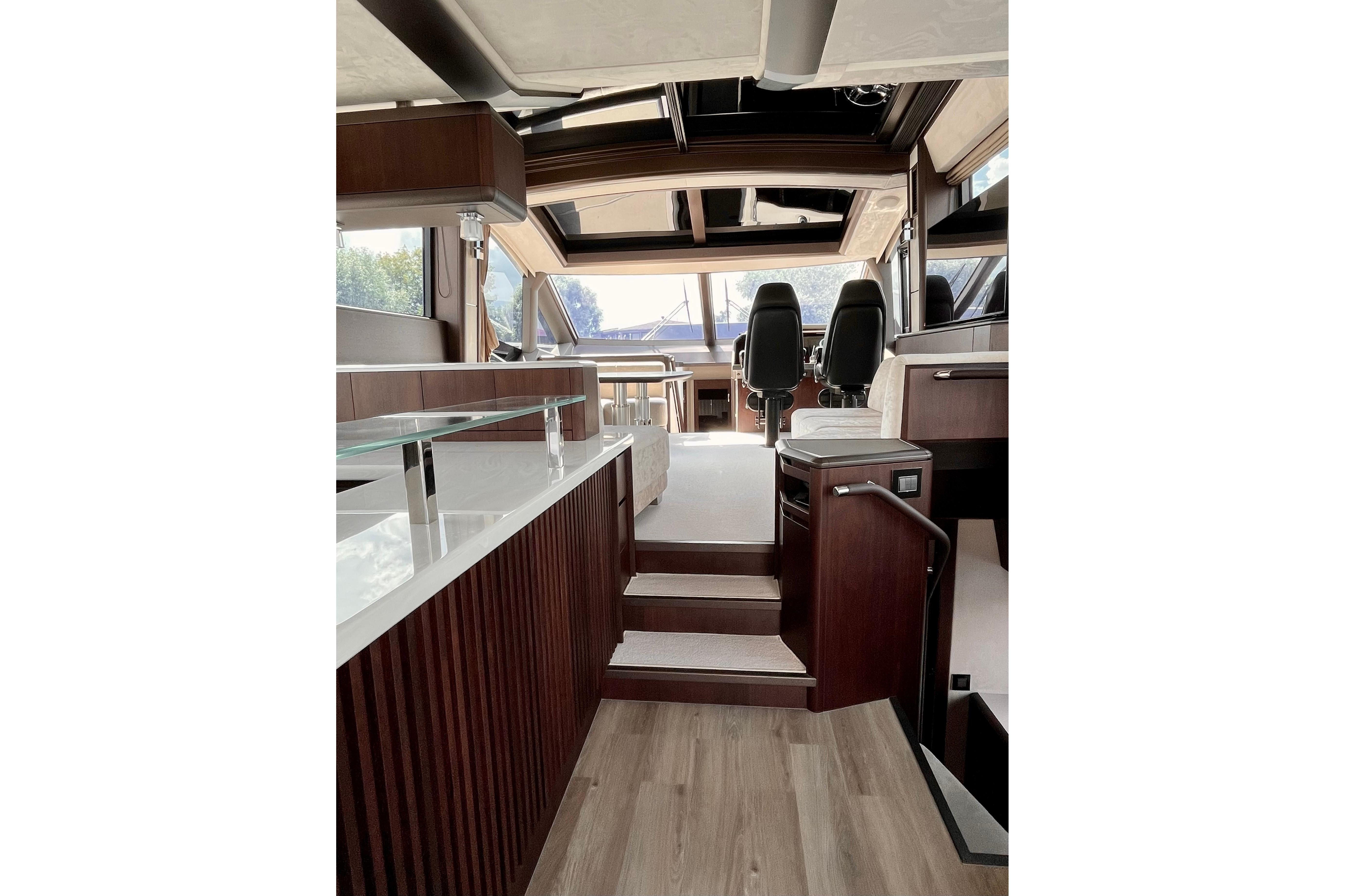 Interior of 2025 Galeon 700 Sky yacht, featuring modern design and luxurious finishes.