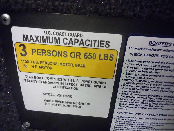 U.S. Coast Guard capacity label for Ranger VS1665 SC, 2025 model, showing maximum load and safety standards.