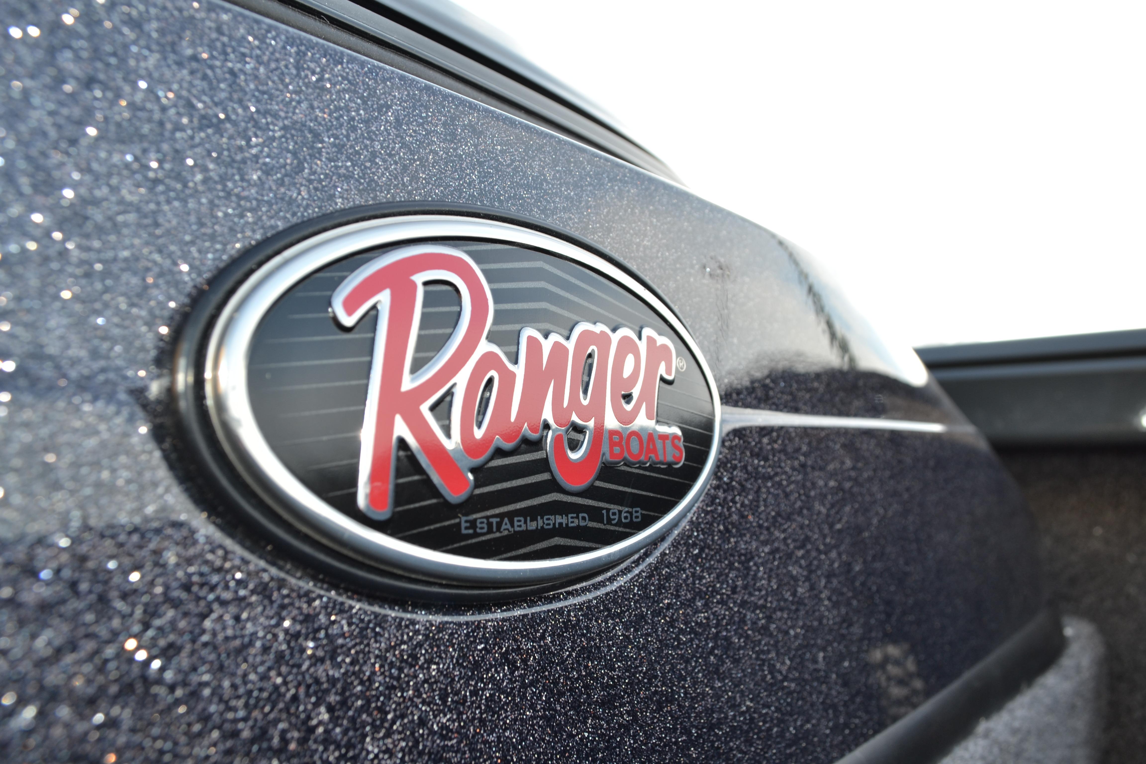 Close-up of 2026 Ranger VS1882SC Reata boat logo on a metallic surface.