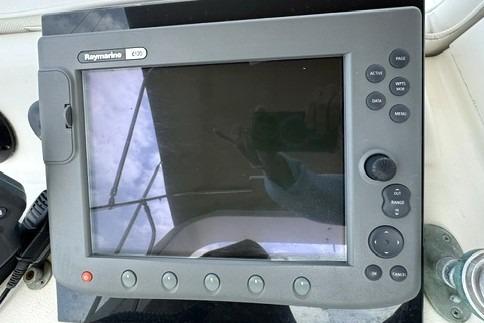 Raymarine E90 navigation display on a 1980 Viking 43 Convertible boat.