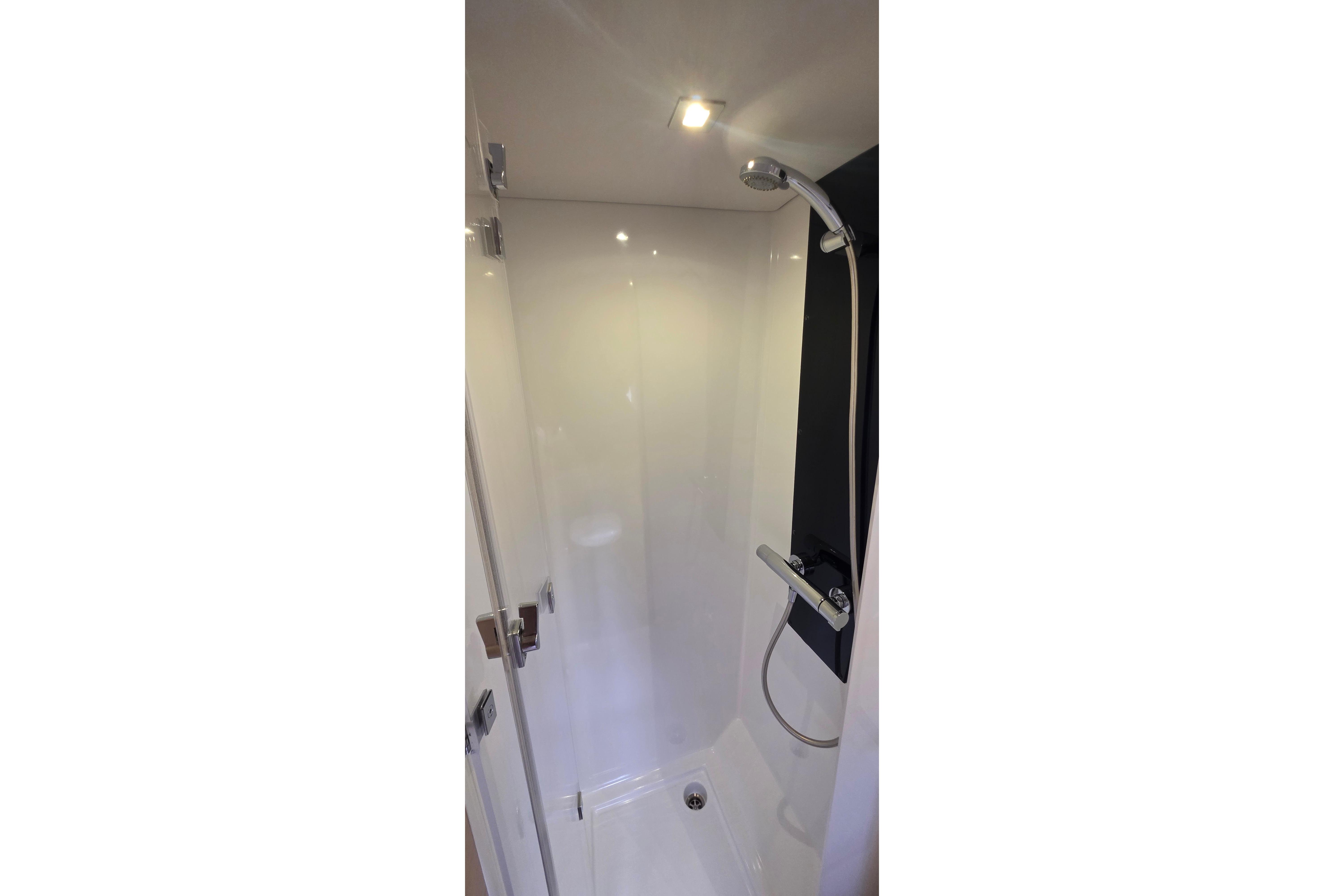 Shower area in 2018 Fountaine Pajot Motor Yacht 44, featuring modern fixtures.