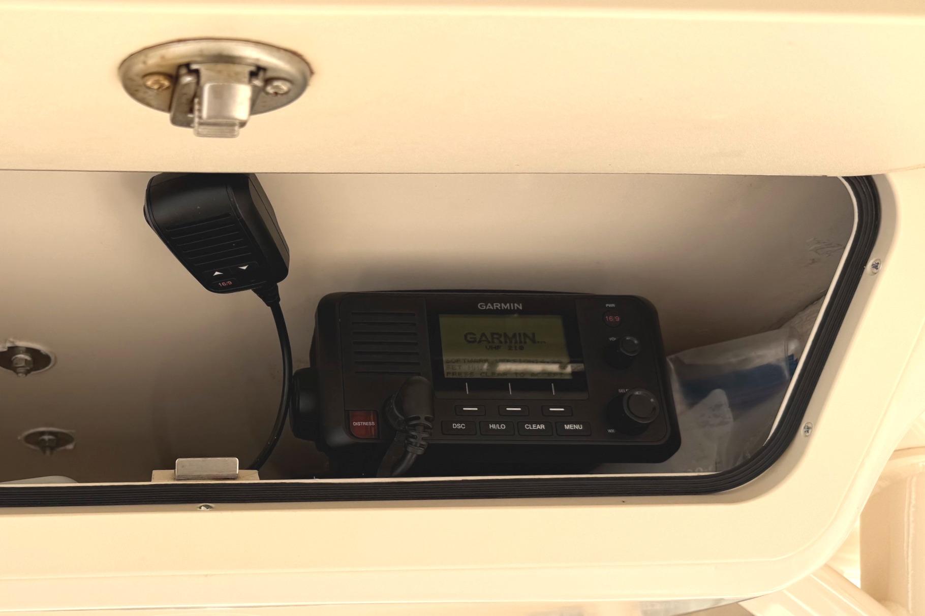 Garmin radio system inside 2018 Grady-White Canyon 306 boat compartment.