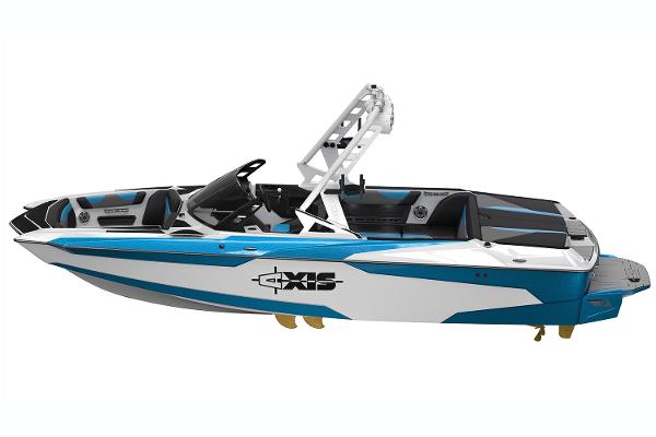Manufacturer Provided Image: 2019 Axis A22 wakeboard boat, blue and white, side view.
