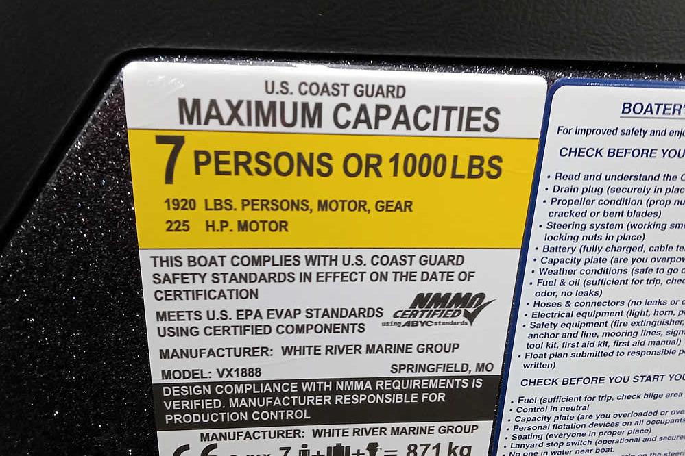 2026 Ranger VX1888 WT boat capacity label: 7 persons, 1000 lbs, 225 HP motor.