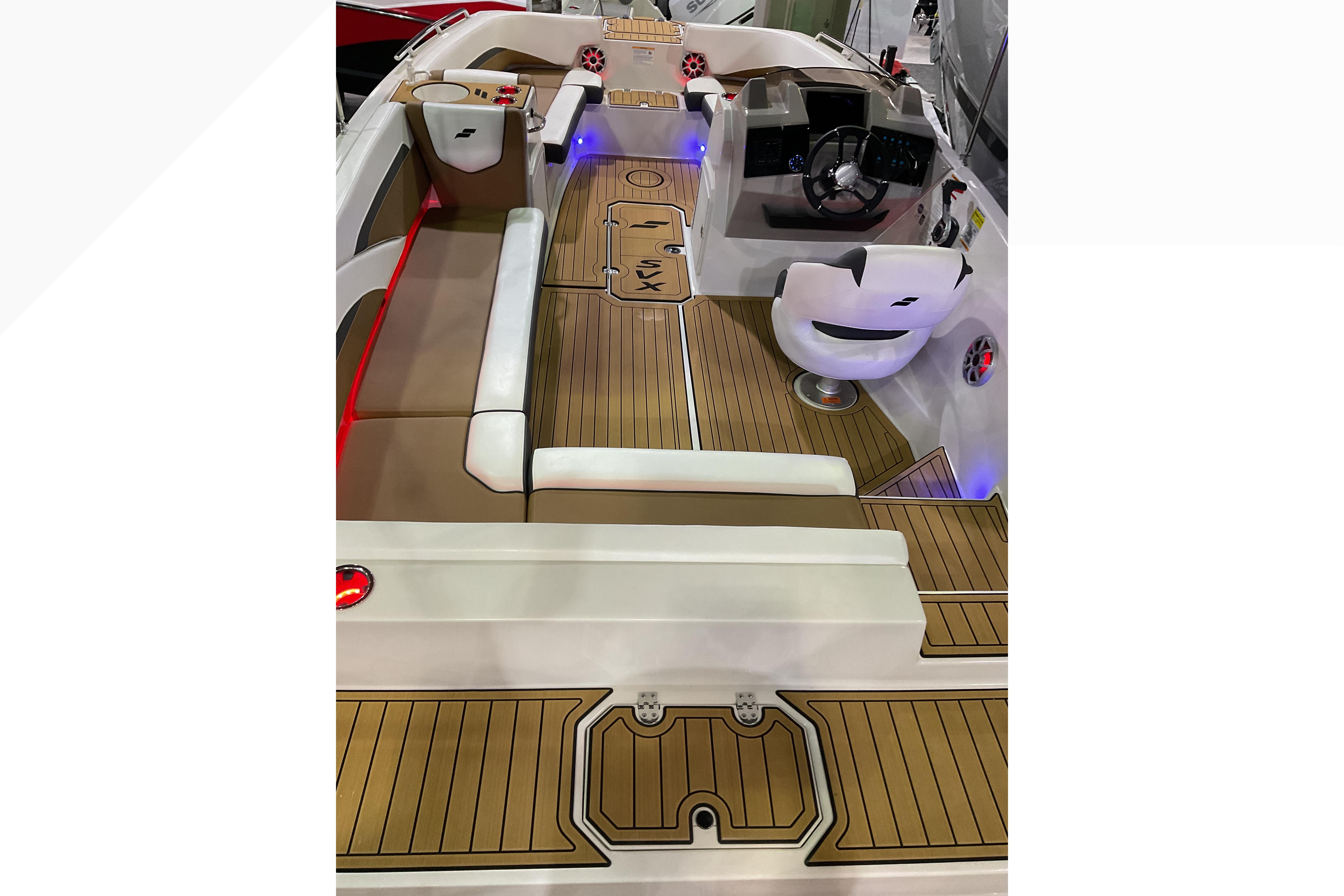 2026 Starcraft SVX 211 OB boat interior with modern seating and sleek dashboard design.