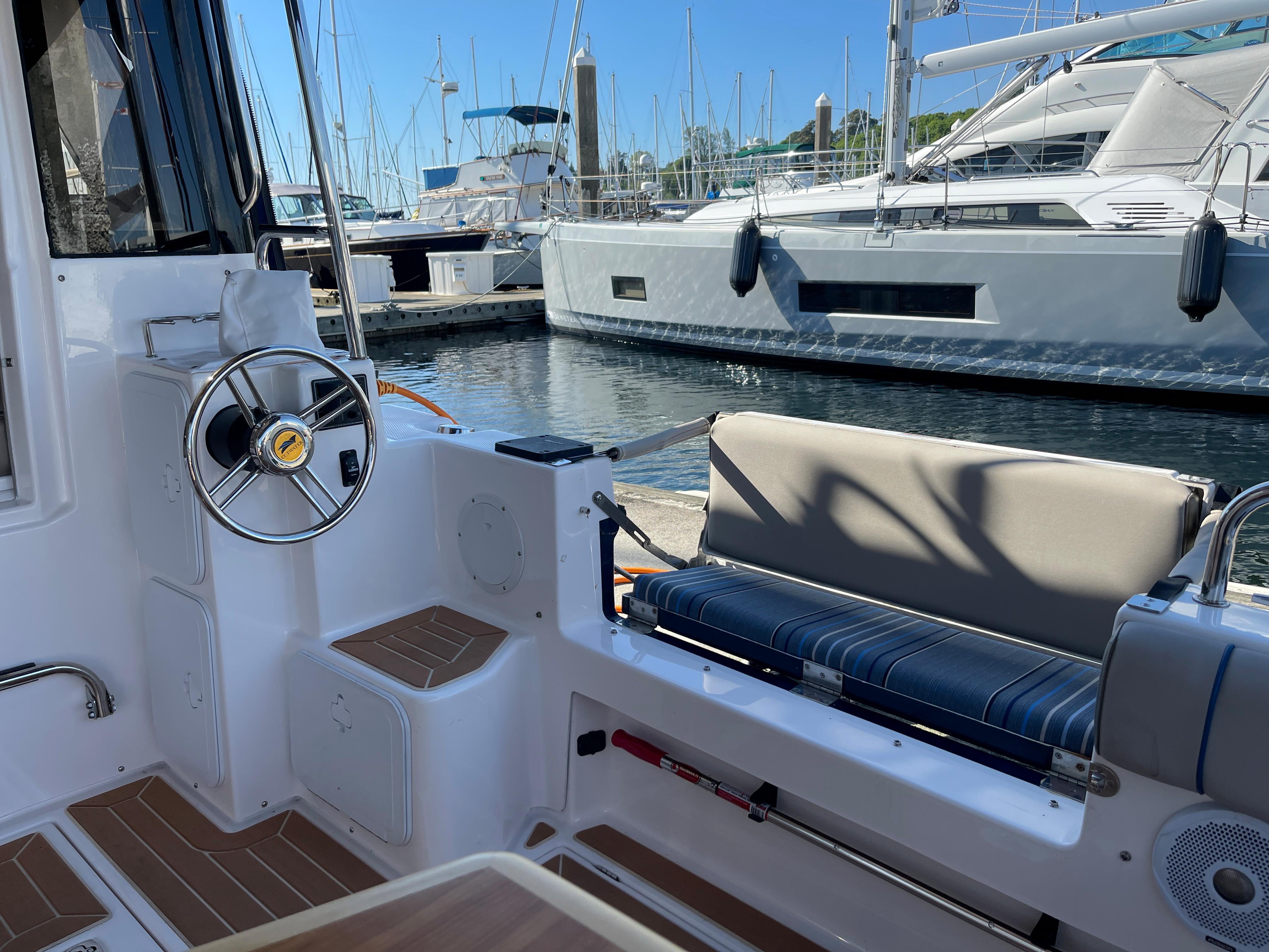 Interior of a 2019 Cutwater C-30 Sedan yacht at the marina.
