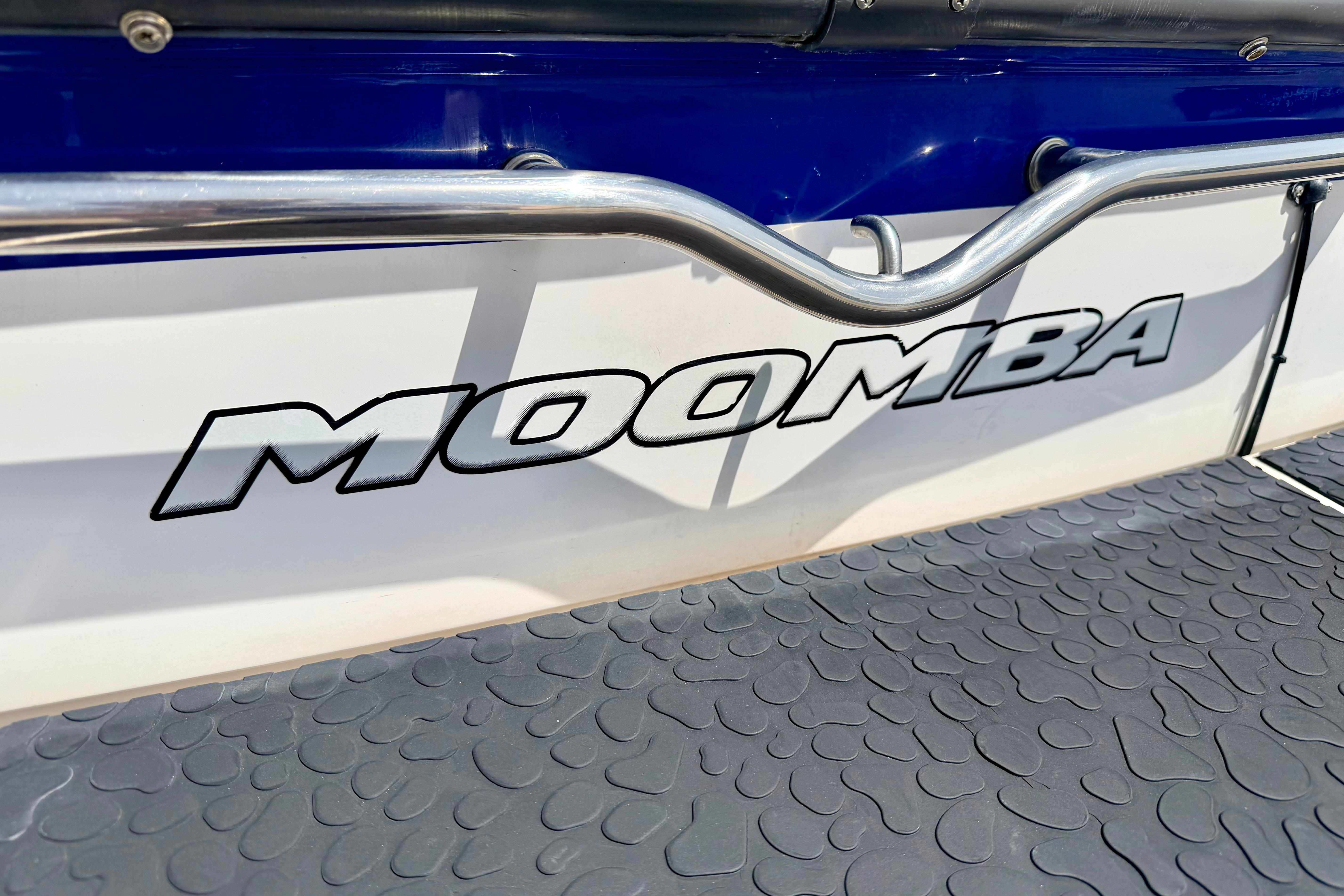 2008 Moomba Outback V boat with logo and textured flooring.