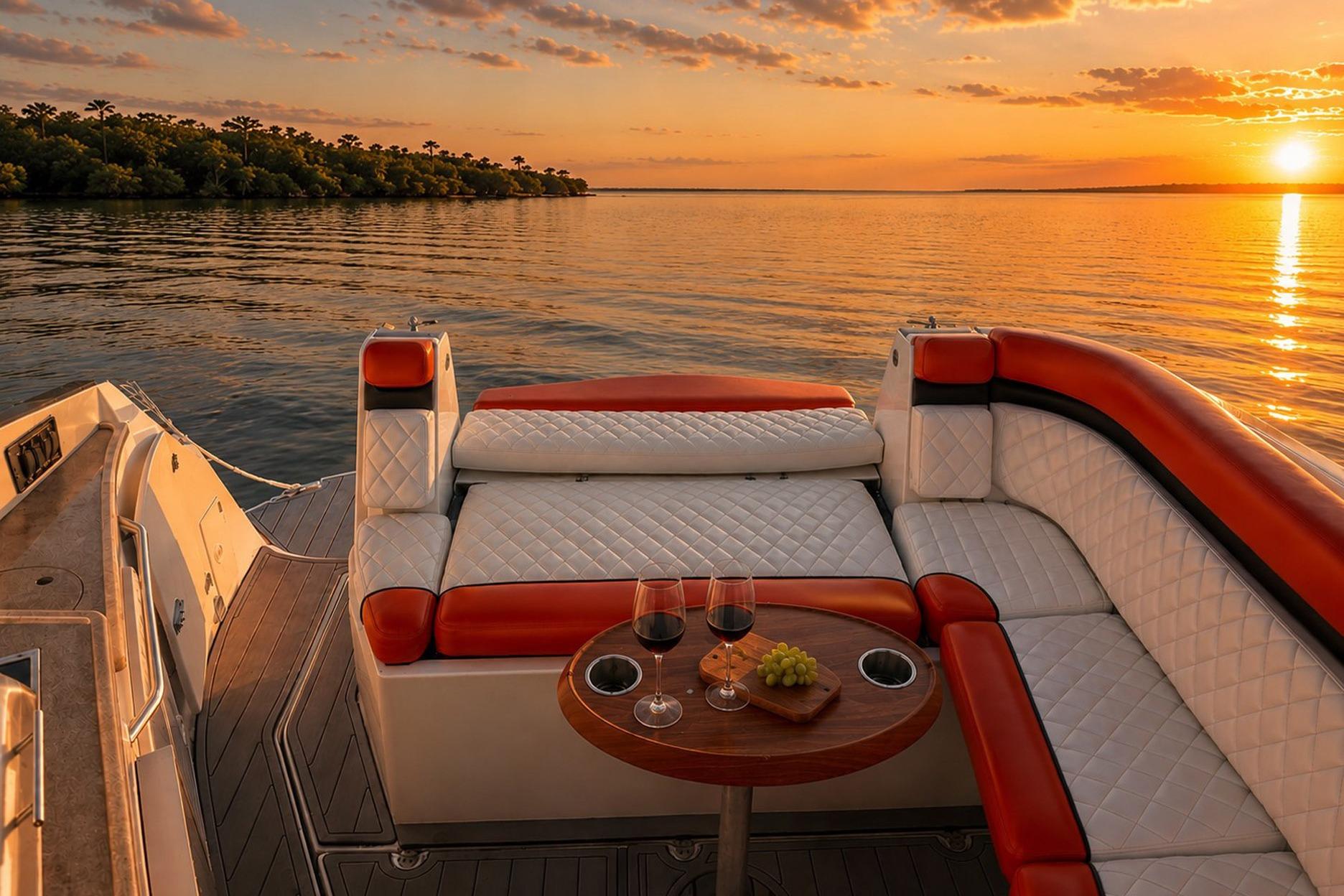 2012 Rinker 310 Express Cruiser LE at sunset, featuring luxurious seating and a table with wine.