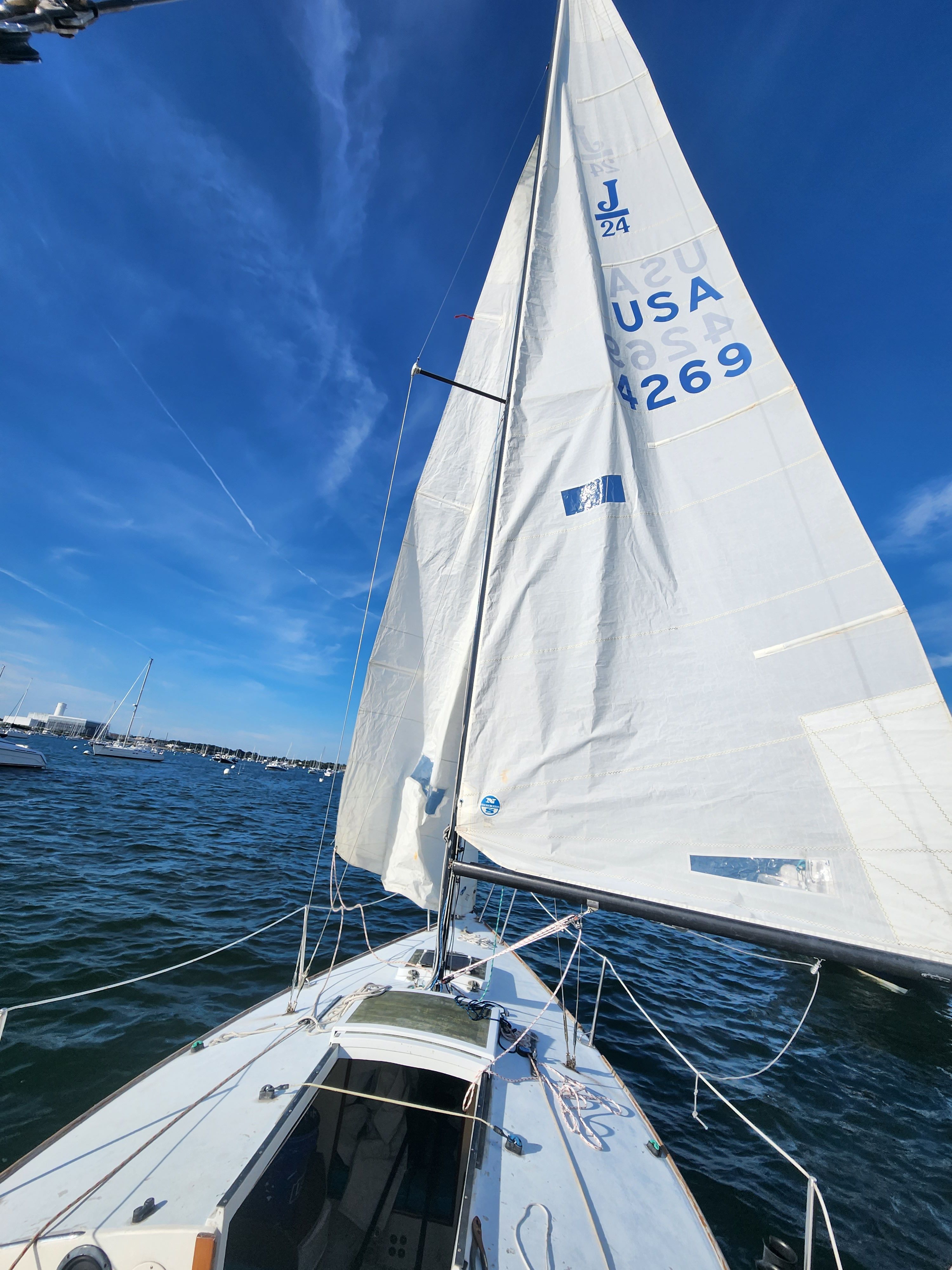 1978 J Boats J/24 sailboat on open water under clear skies.
