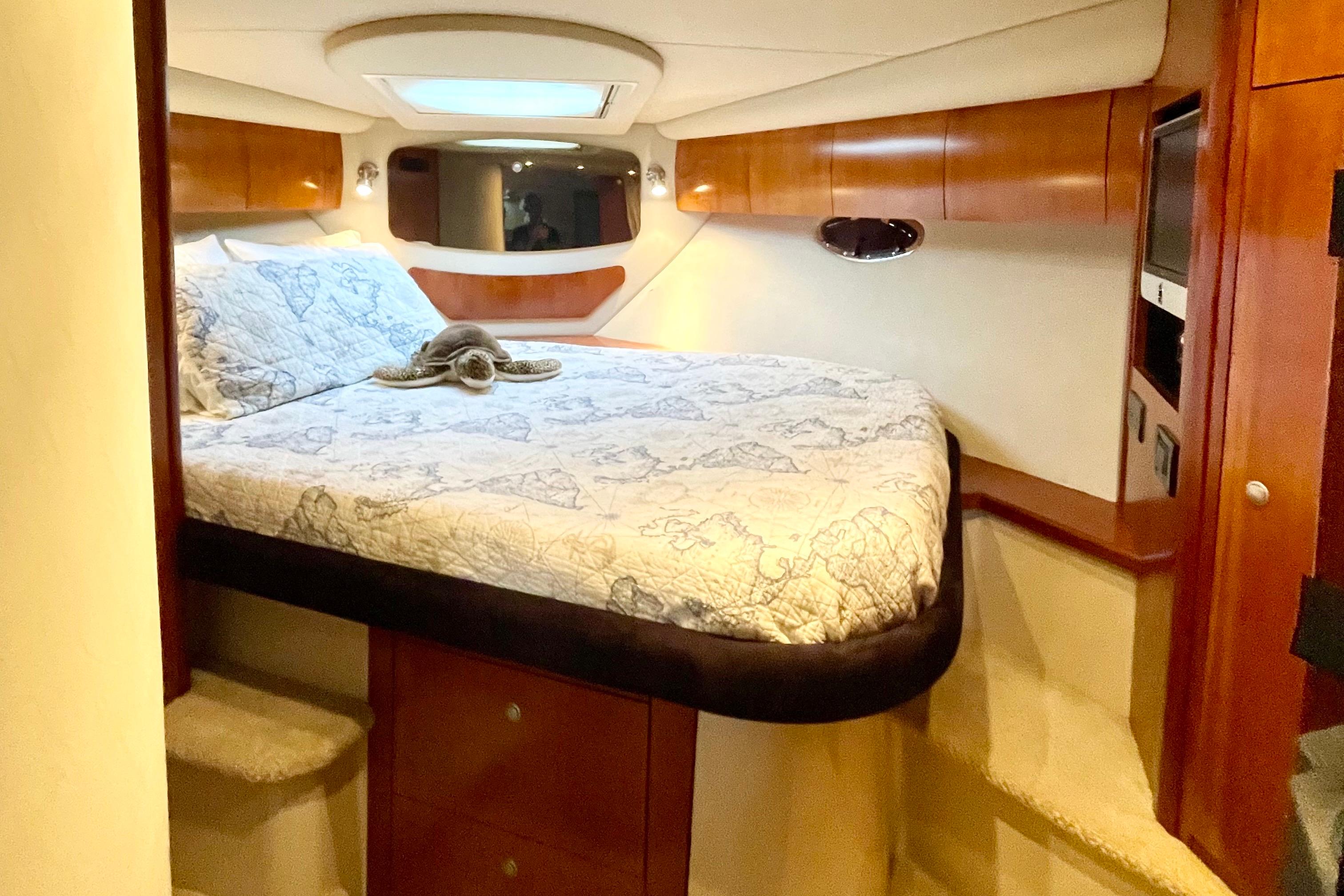 Luxurious cabin interior of 2011 Cruisers Yachts 390 Sports Coupe with cozy bed and elegant wood finish.