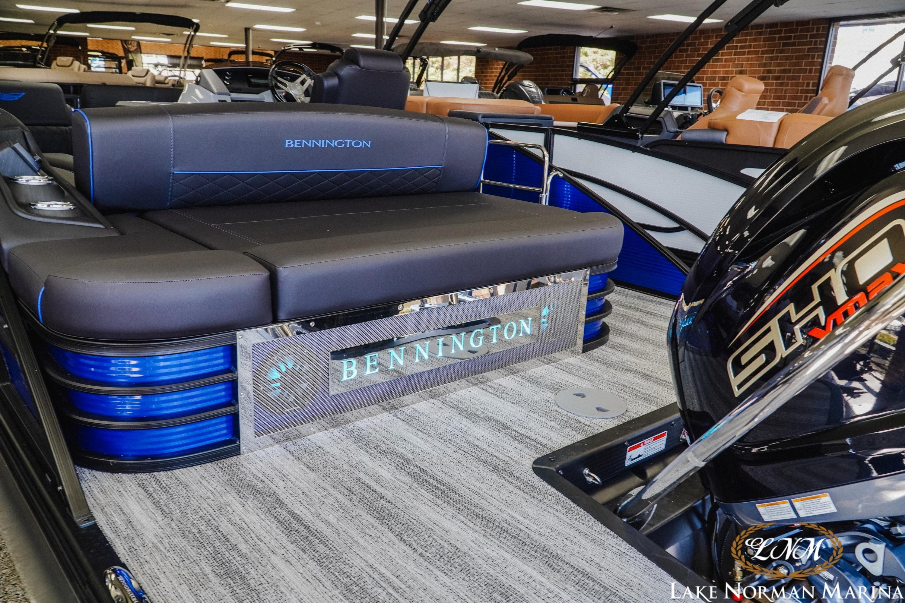 2026 Bennington 23LSB pontoon boat interior with Yamaha SHO engine at Lake Norman Marina.