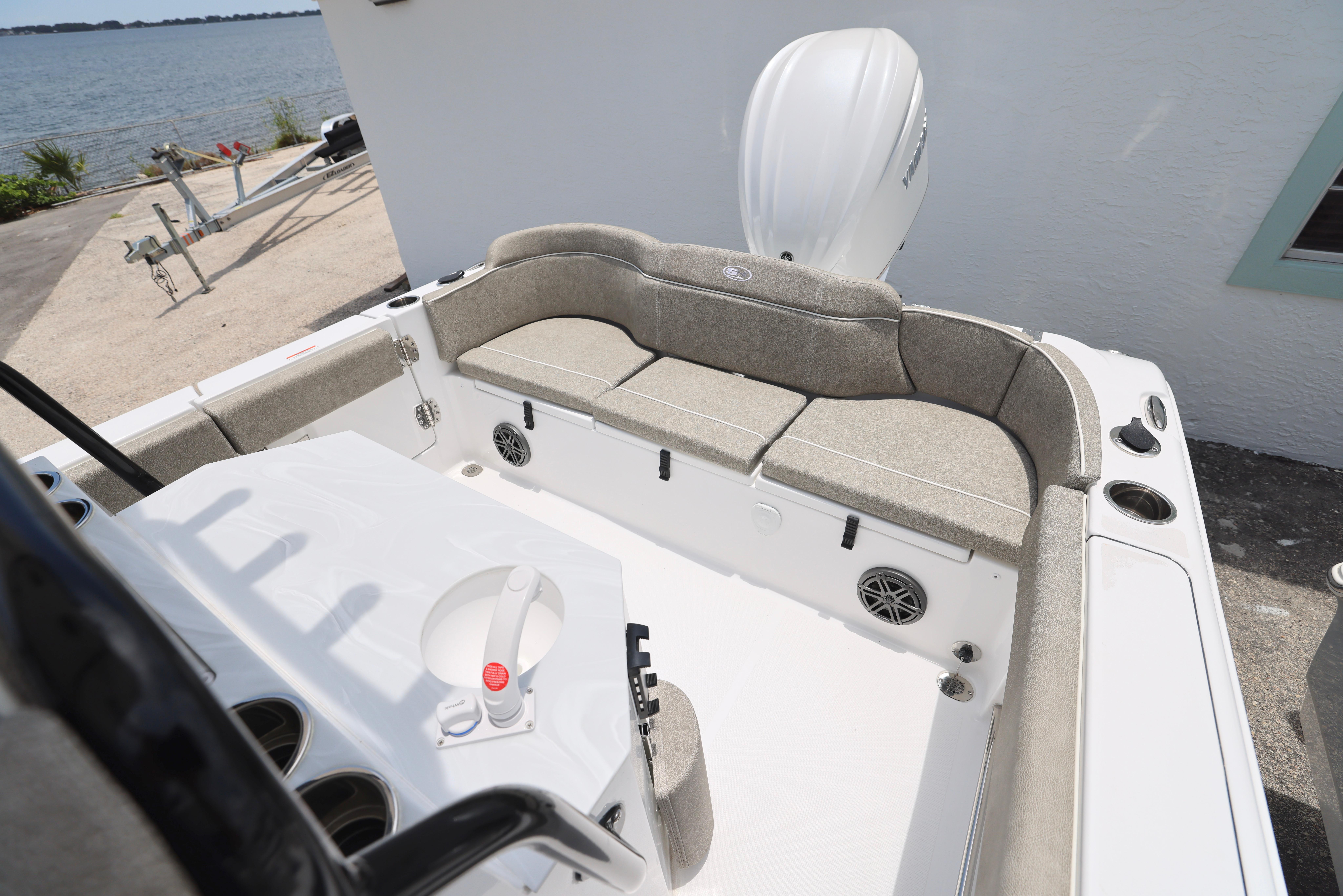 2026 Sea Hunt Ultra 245 SE boat interior with cushioned seating and modern design.