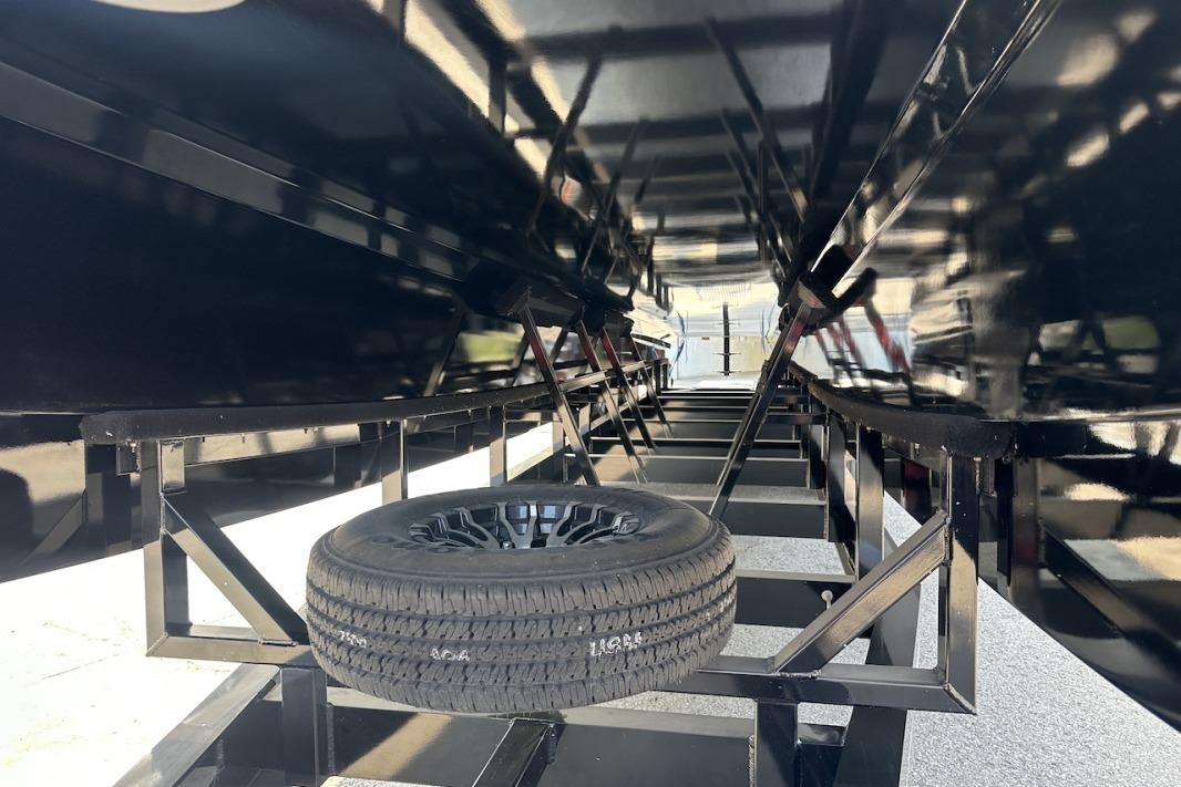 Underneath view of a 2018 Wright Performance 420 boat trailer with spare tire.