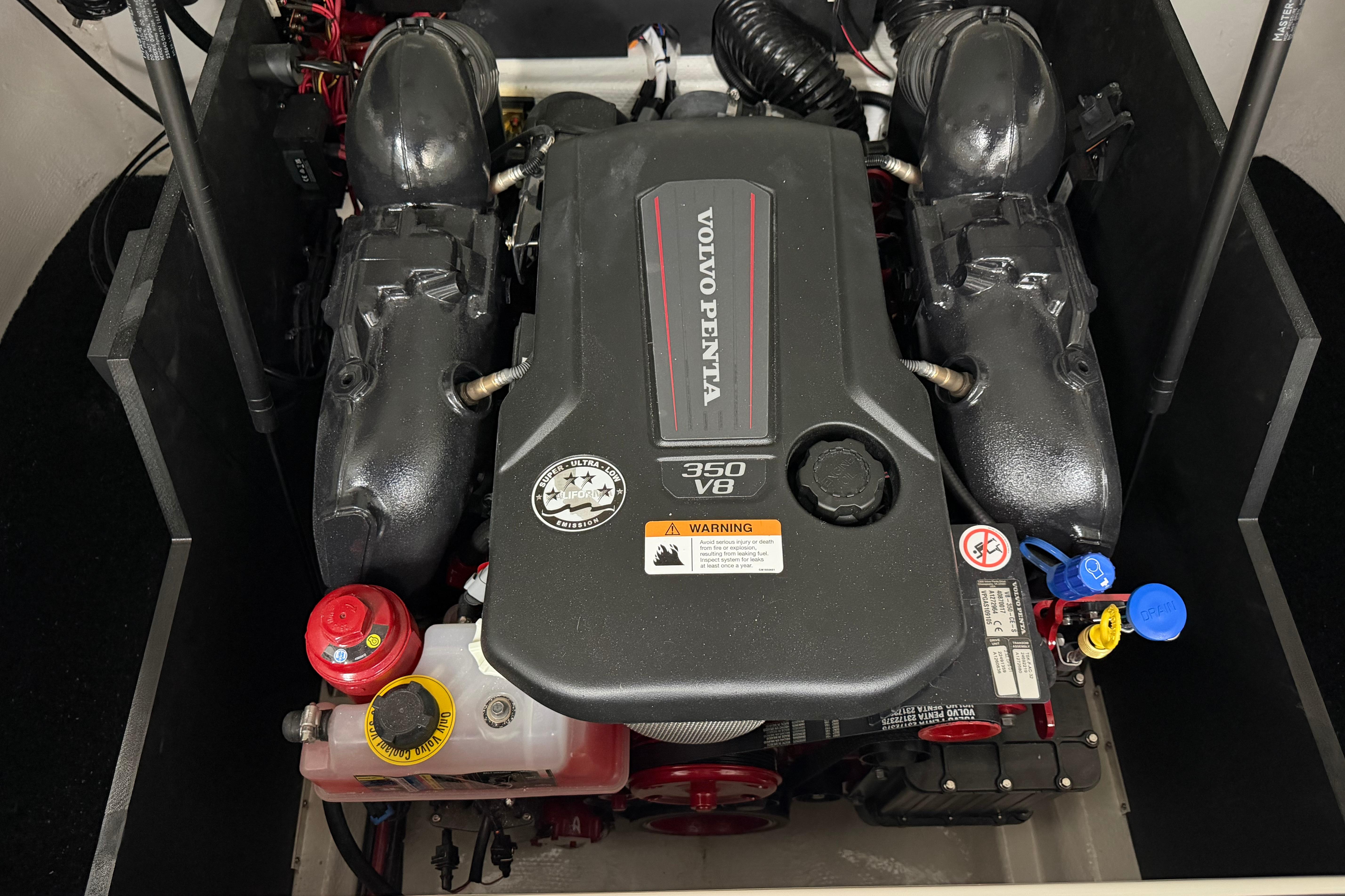 Volvo Penta 350 V8 engine in 2026 Regal LS6 boat, detailed view.
