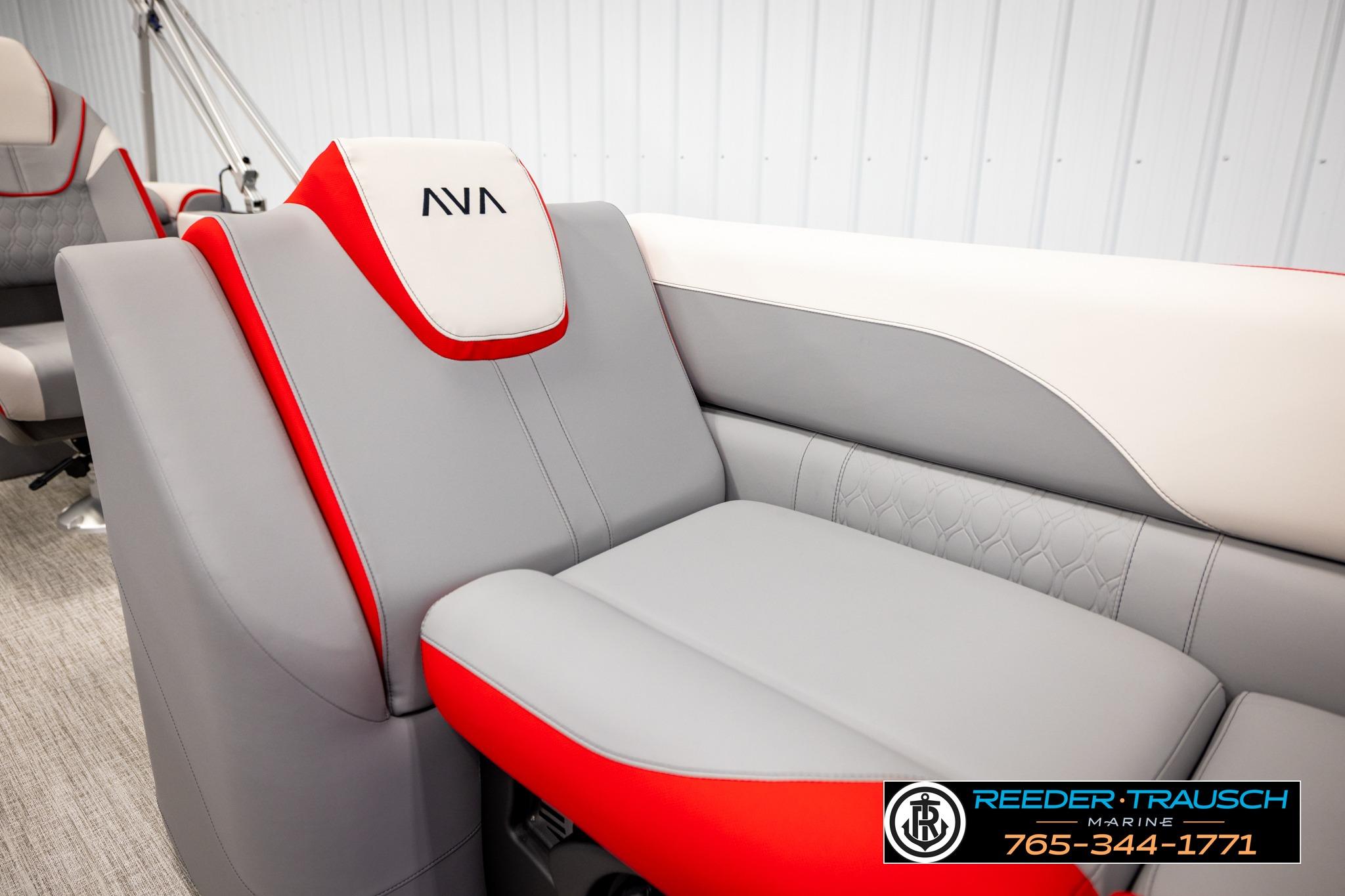 Luxurious seating in 2026 Avalon LSZ QL boat, featuring sleek gray and red design.