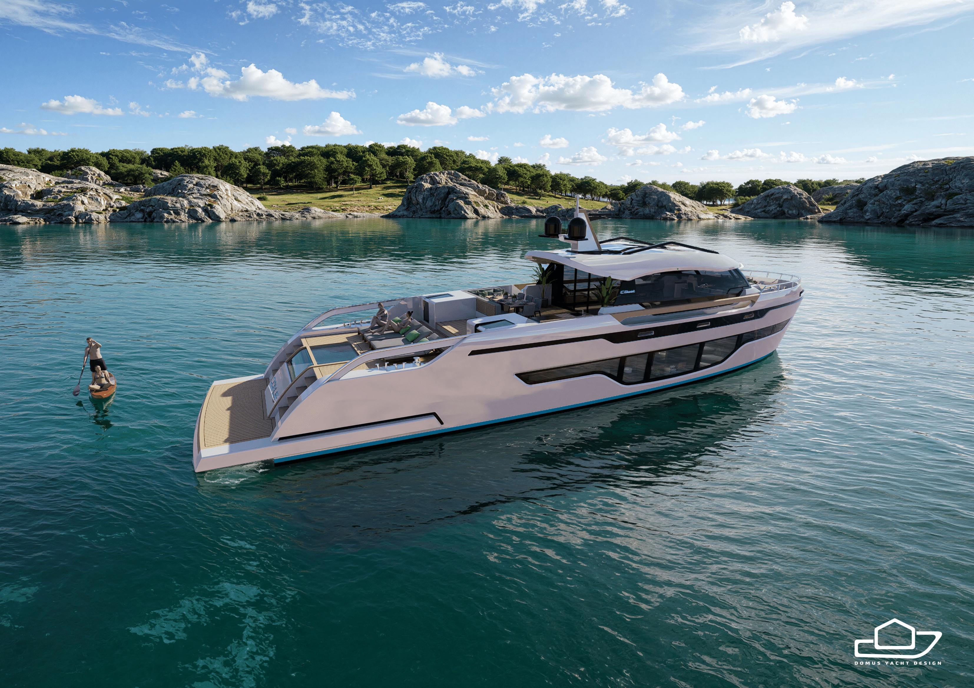 Luxurious 2025 Custom Yacht Domus 90 on serene waters, with paddleboarder nearby.