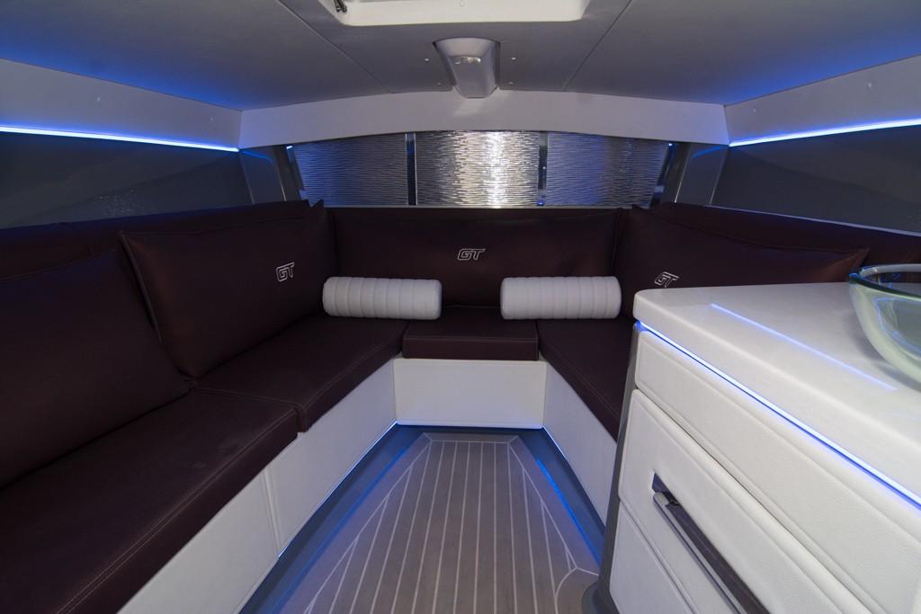 2019 Donzi 41 GT interior cabin with modern seating and ambient lighting.