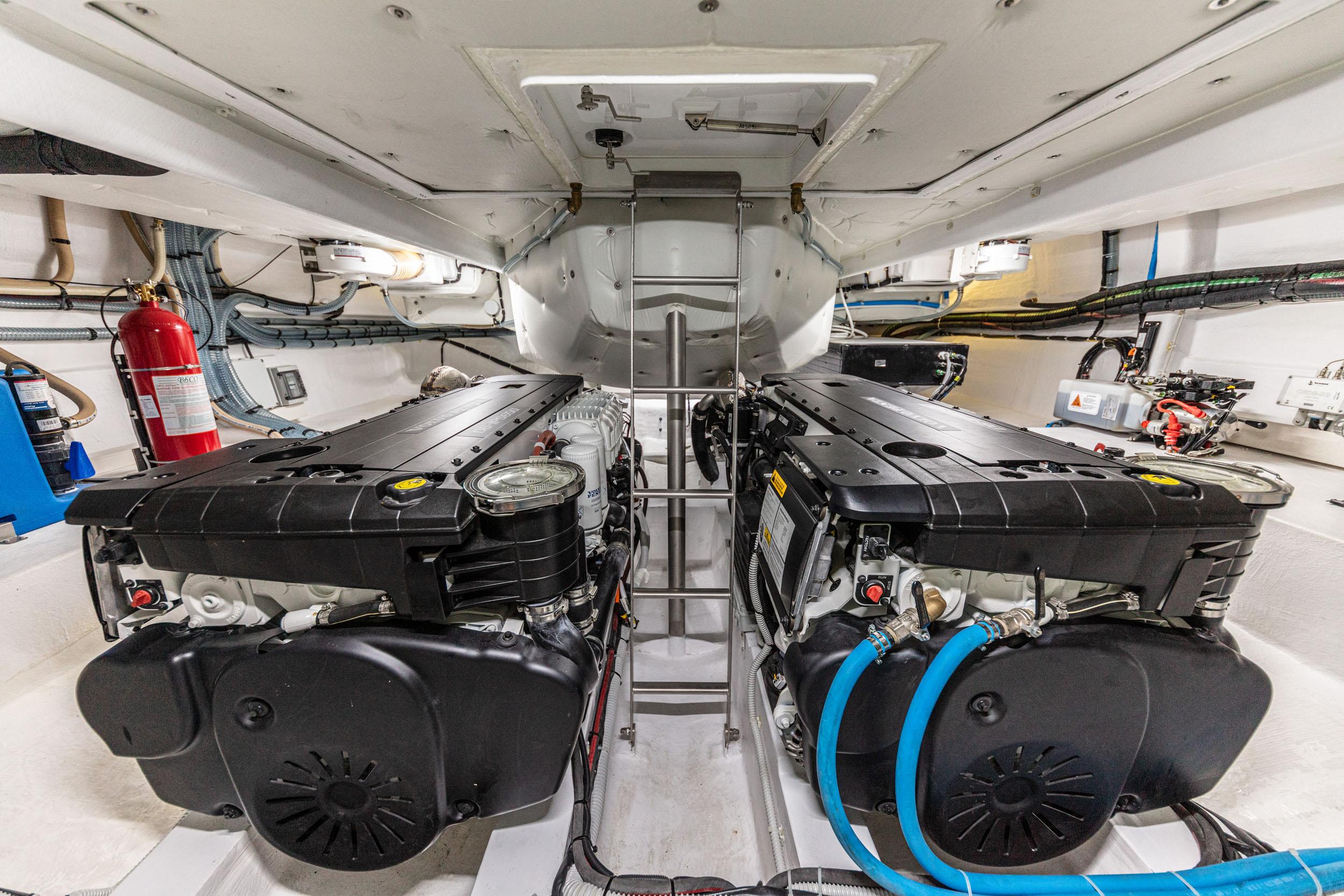 Engine room of 2024 Solaris Power 48 Lobster yacht with twin engines.