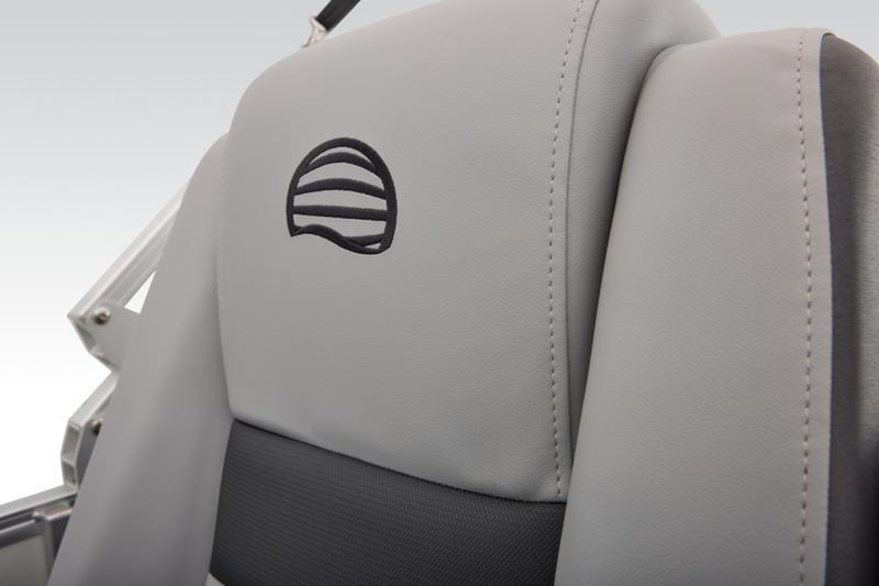 Gray seat detail of 2026 Sun Tracker Party Barge 22 DLX with logo.