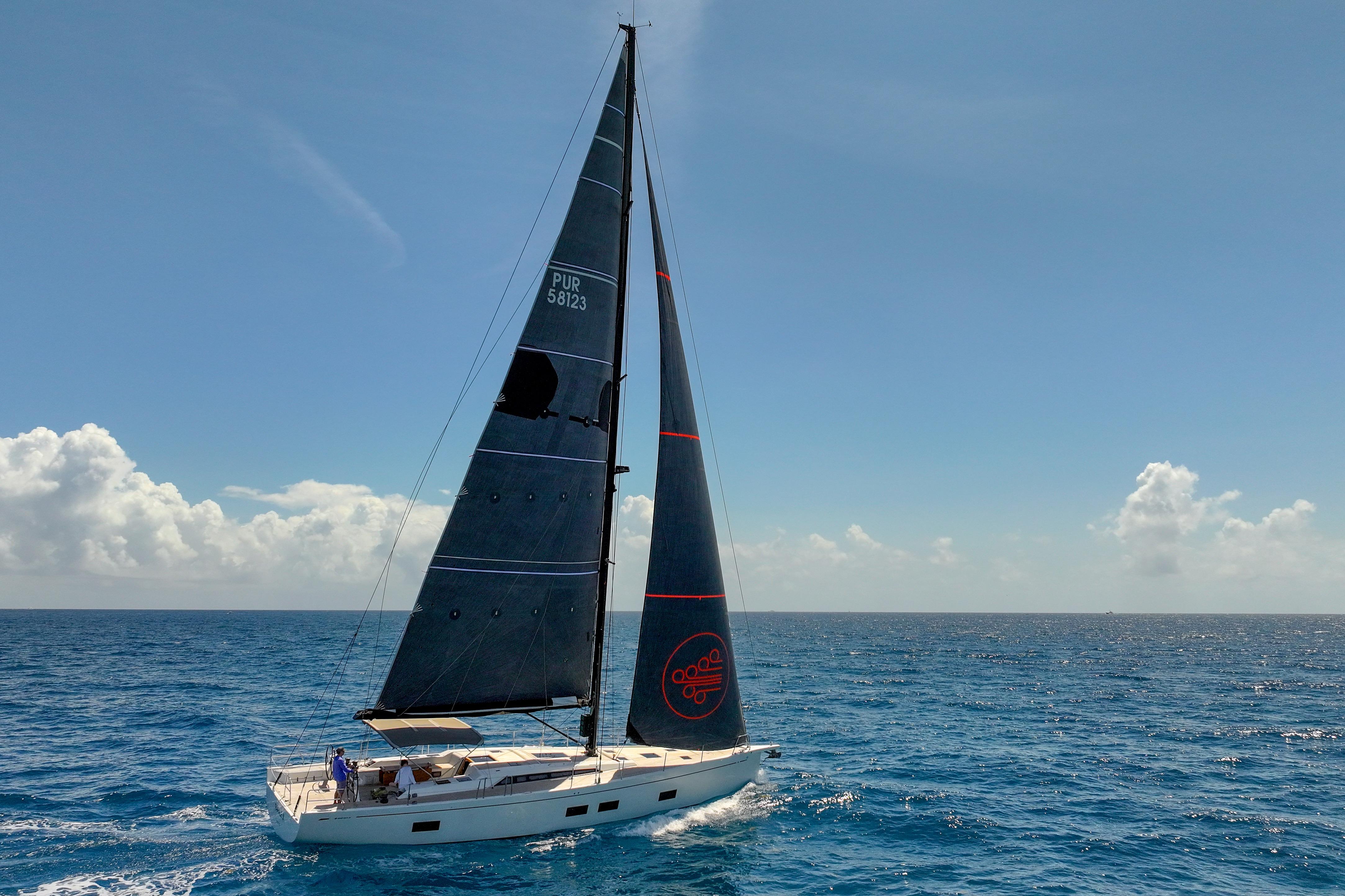 Sailing yacht Grand Soleil 58 (2016) gliding on open sea under clear blue sky.