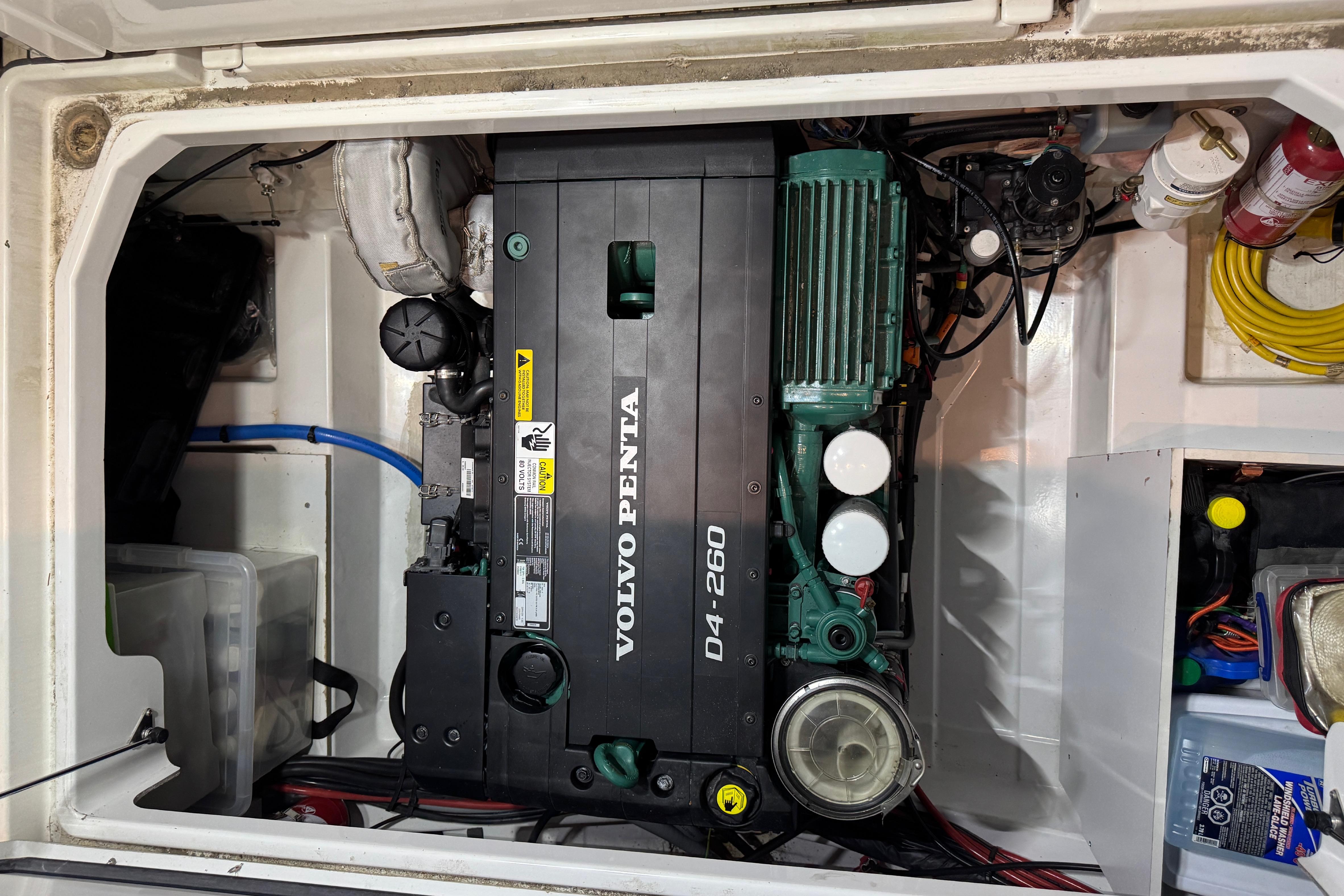 Engine compartment of a 2017 Jeanneau NC 9 with Volvo Penta D4-260 engine.