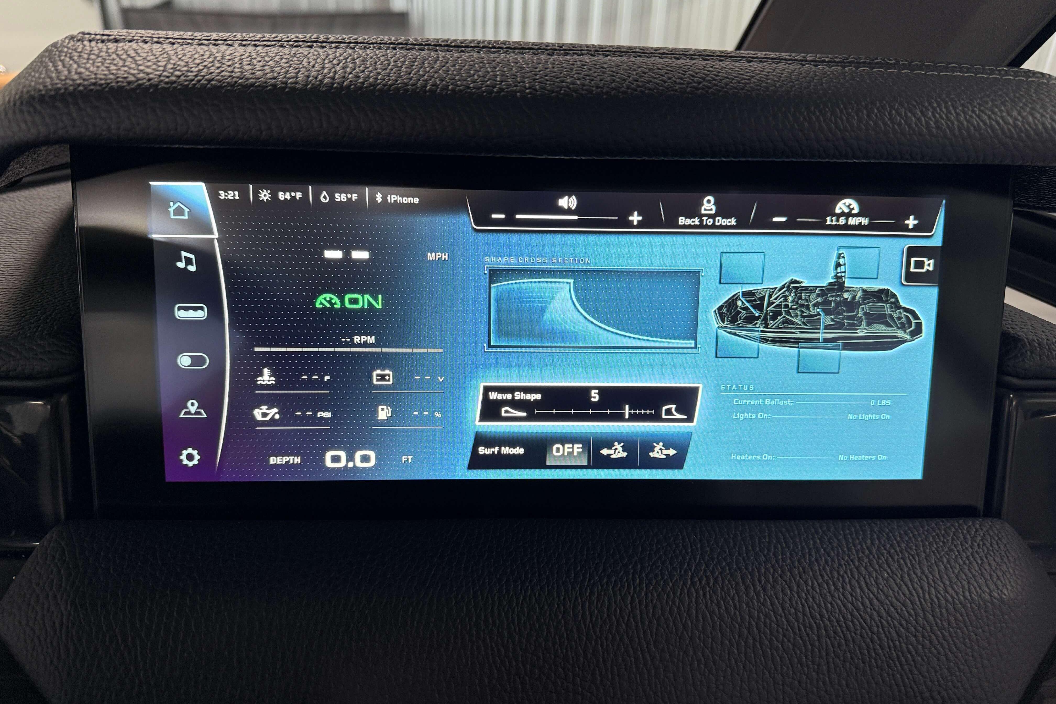 2026 Nautique Super Air Nautique GS22 dashboard display with wave settings and navigation controls.