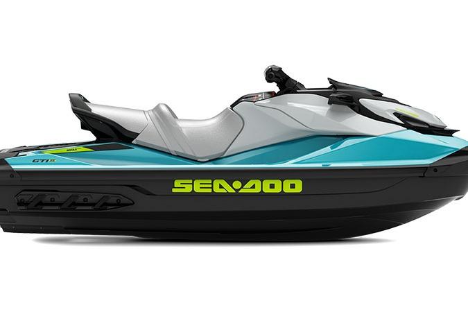 2024 Sea-Doo GTI SE 130 jet ski, sleek design, vibrant blue and white color scheme.