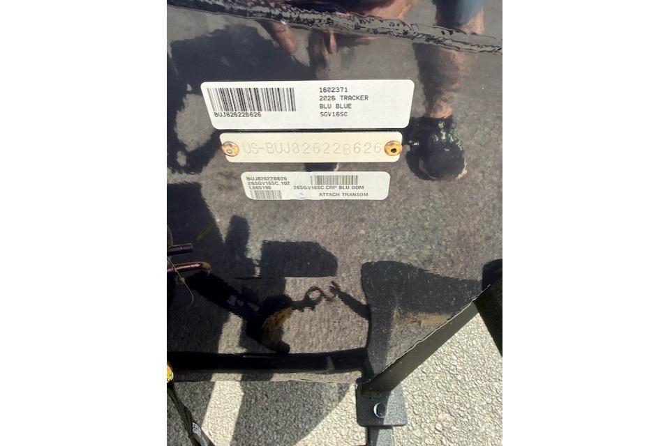 2026 Tracker Super Guide V-16 SC boat identification labels and serial numbers.