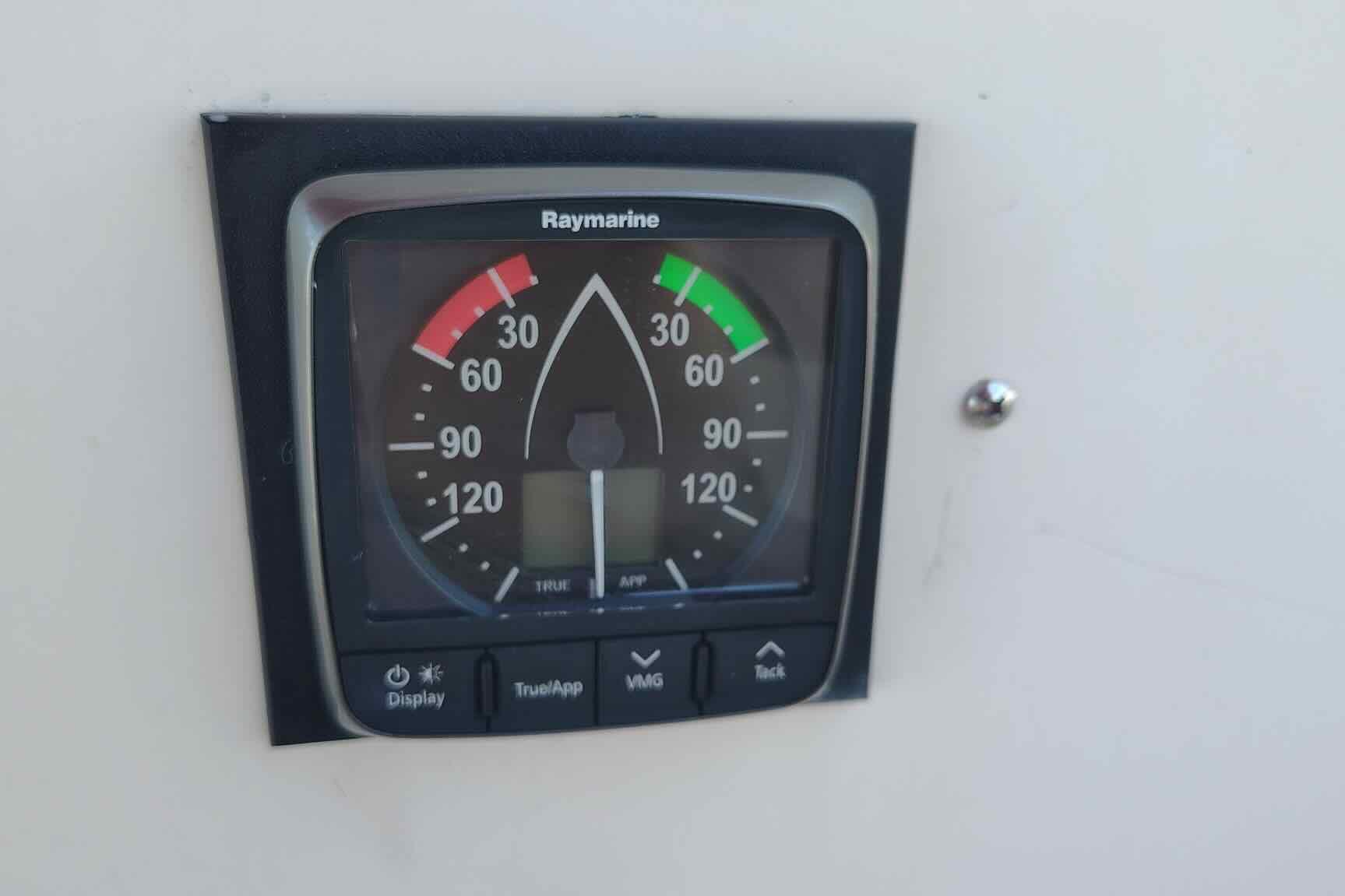 Raymarine gauge on 1989 Island Packet 35 sailboat, displaying wind angle and speed.