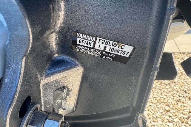 Yamaha motor label on 2024 Rigid Boats 10 Sport, model F25LW/C, serial 1056767.
