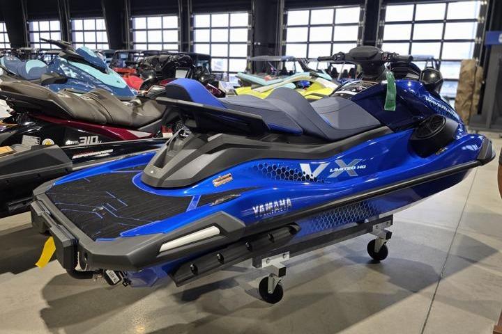 2026 Yamaha WaveRunner VX Limited HO in showroom, blue color, sleek design, on display stand.
