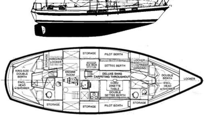1981 Morgan Out Island 41 sailboat layout with detailed interior and exterior design.