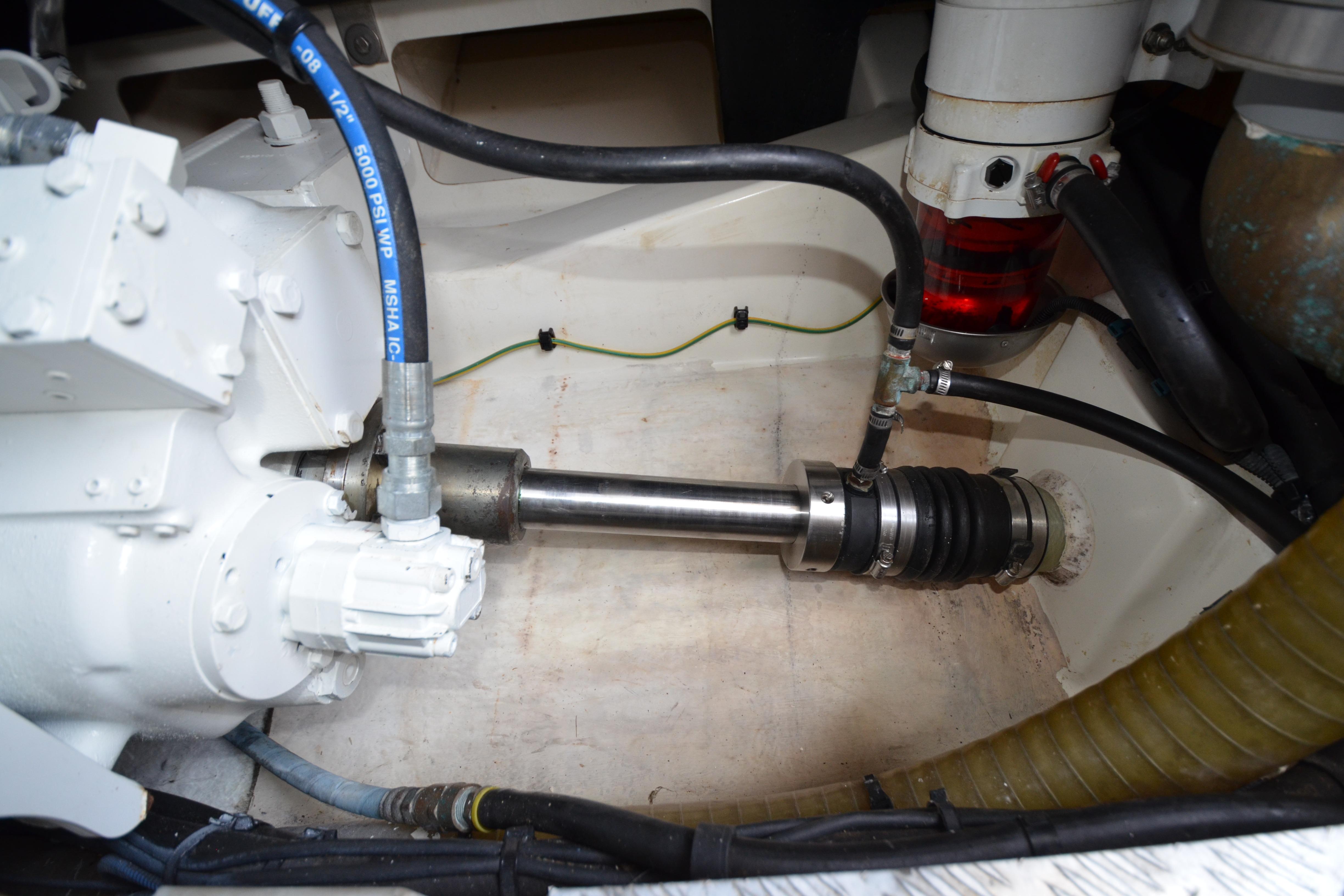 Engine compartment of a 2007 Jeanneau Prestige 46 yacht, showcasing mechanical components.