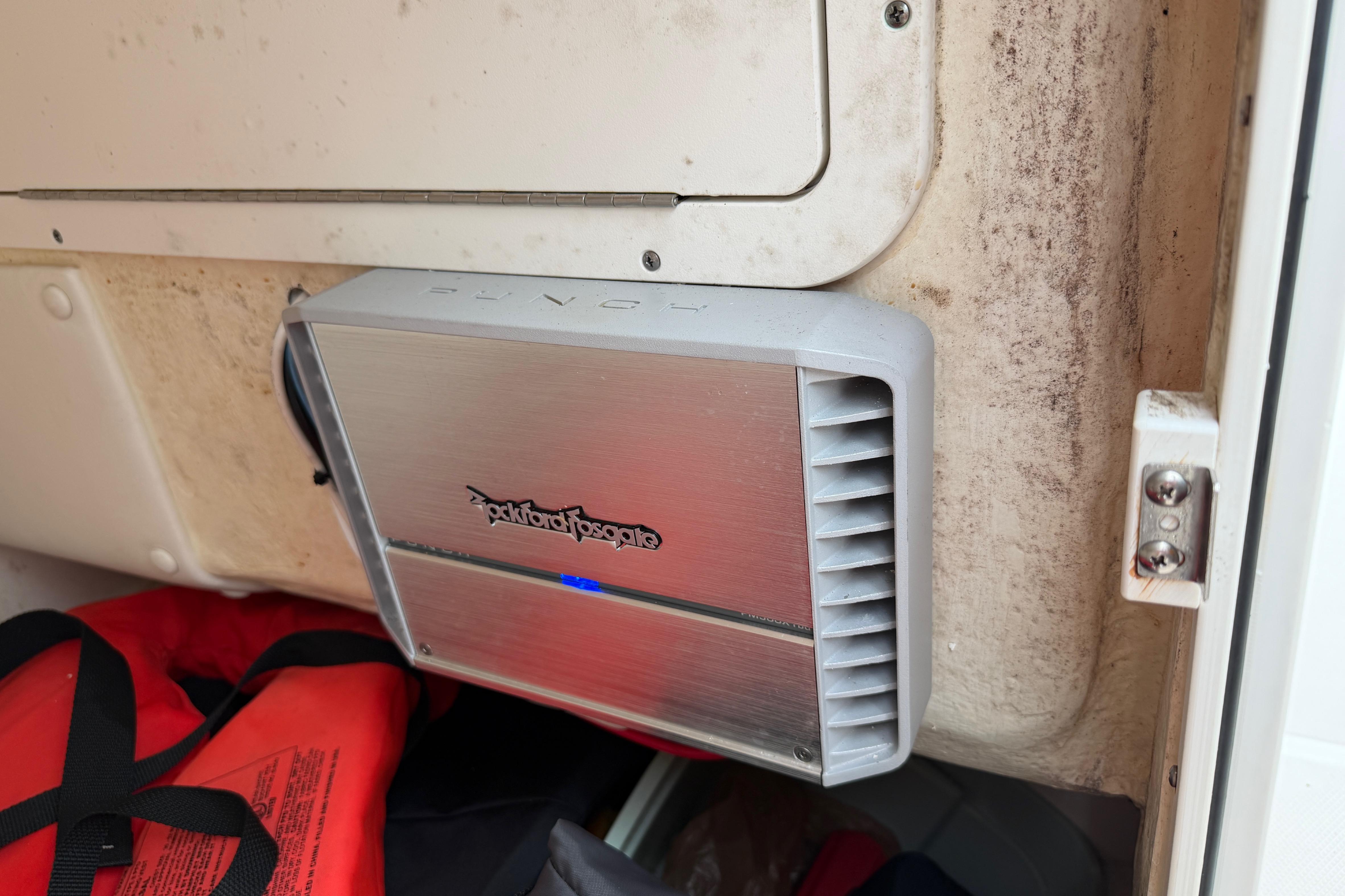 Rockford Fosgate amplifier installed on a 2019 World Cat 230 DC boat interior.
