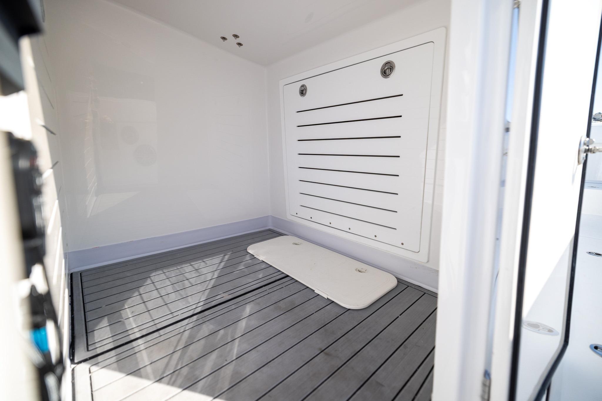 Interior view of 2026 Front Runner 37 Catamaran, featuring sleek design and modern flooring.