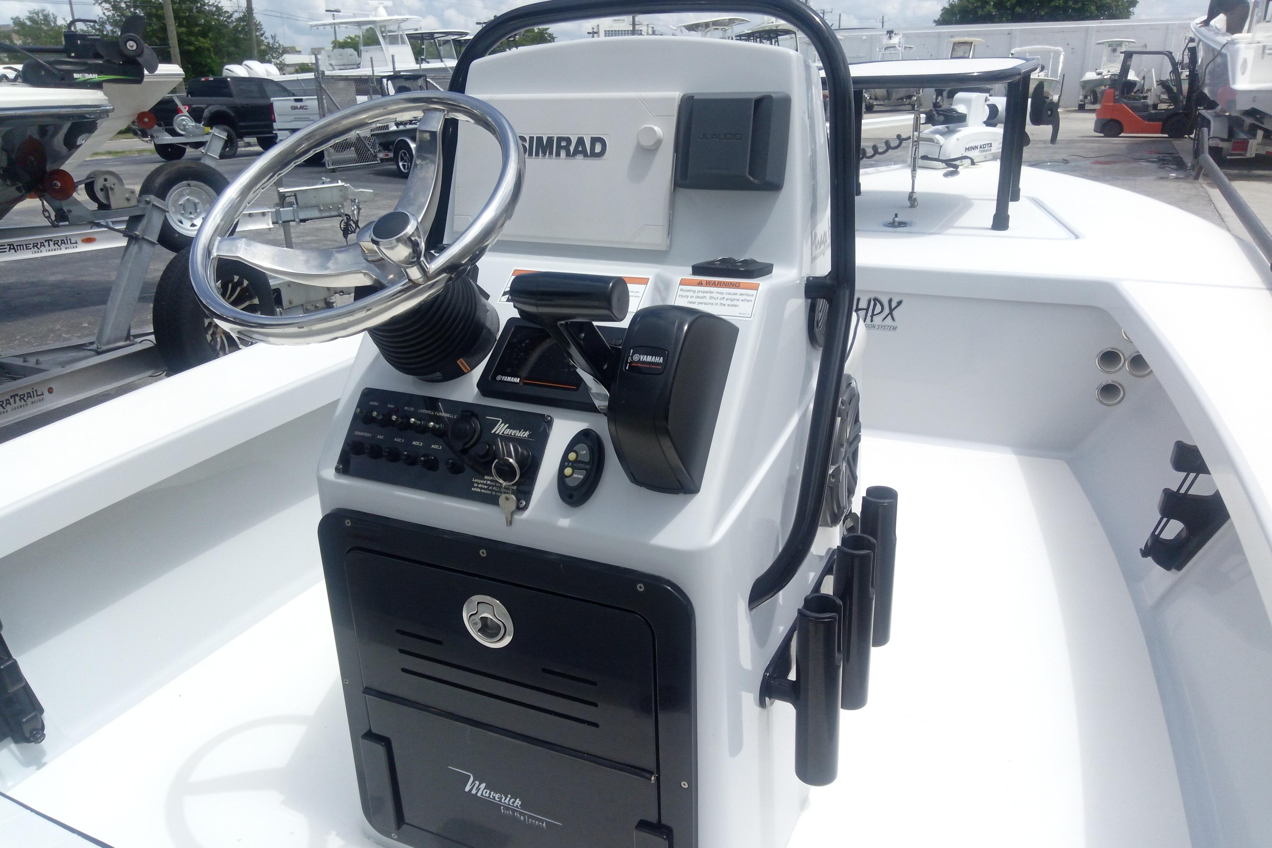 2020 Maverick 18 HPX-V boat console with steering wheel and controls.