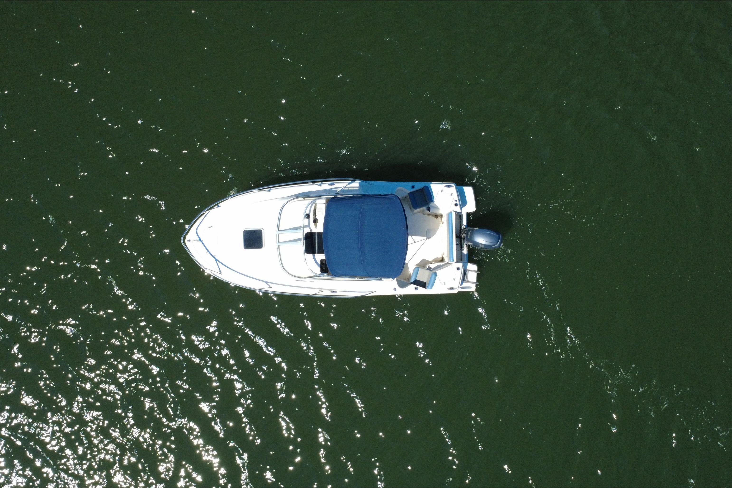 Aerial view of 2008 Scout 222 Abaco boat on green water.