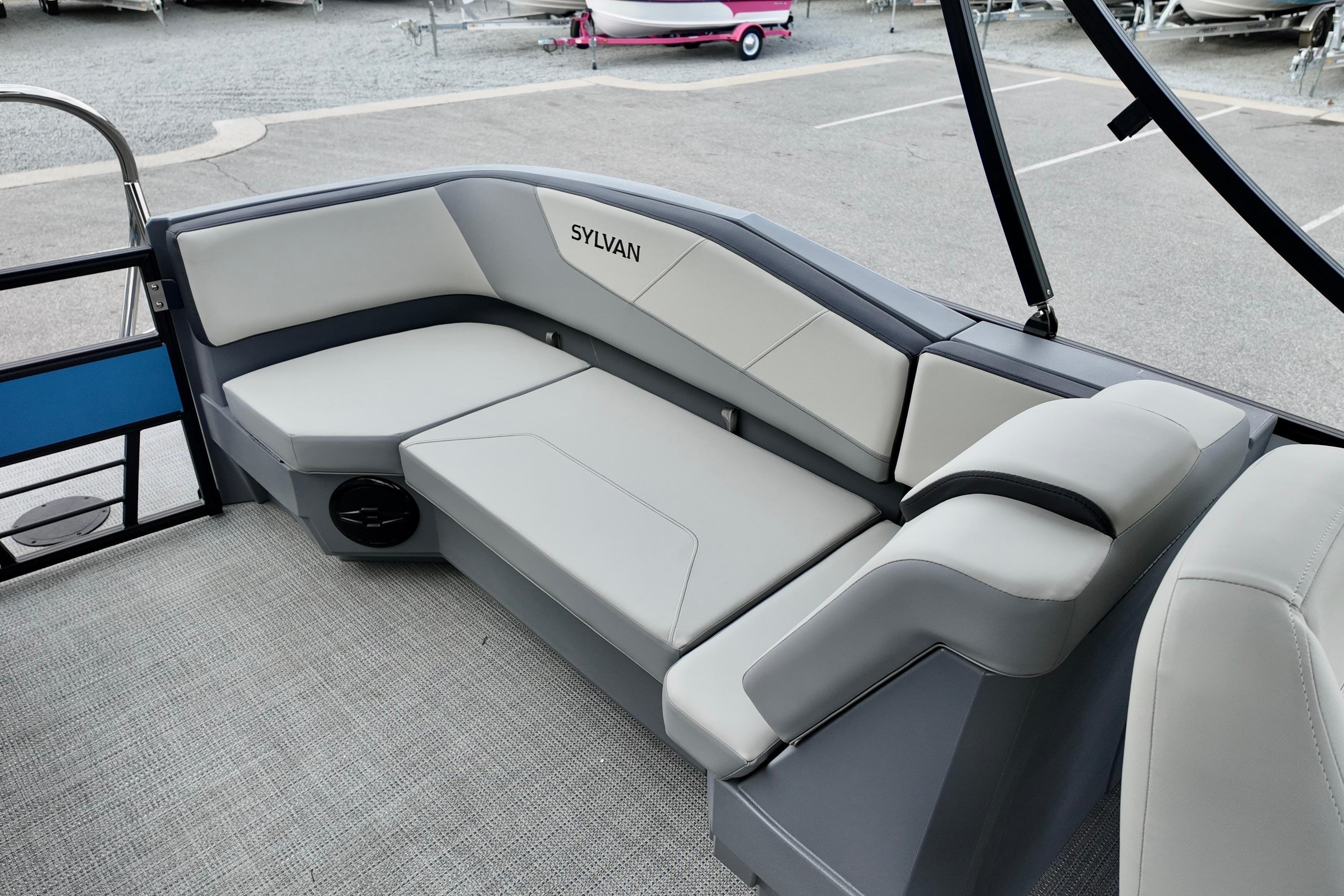 2026 Sylvan A-22 LZ DH SPORT boat interior with gray seating and modern design.