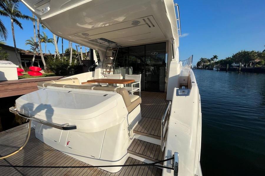 Luxury 2019 Schaefer 510 GT Pininfarina yacht cockpit from swim platform.
